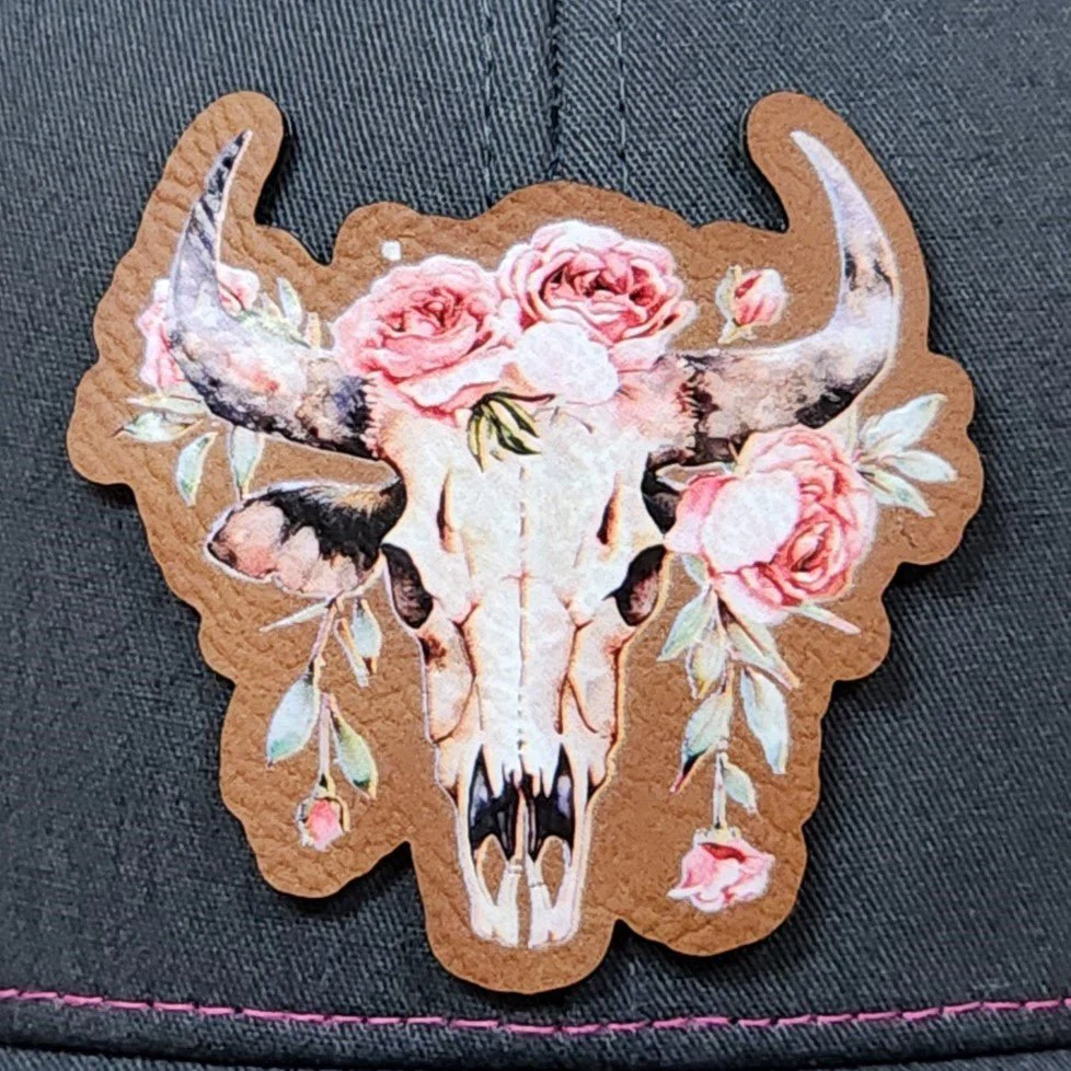 Floral Skull Design UV Printed Leatherette Hat Patch - MR01