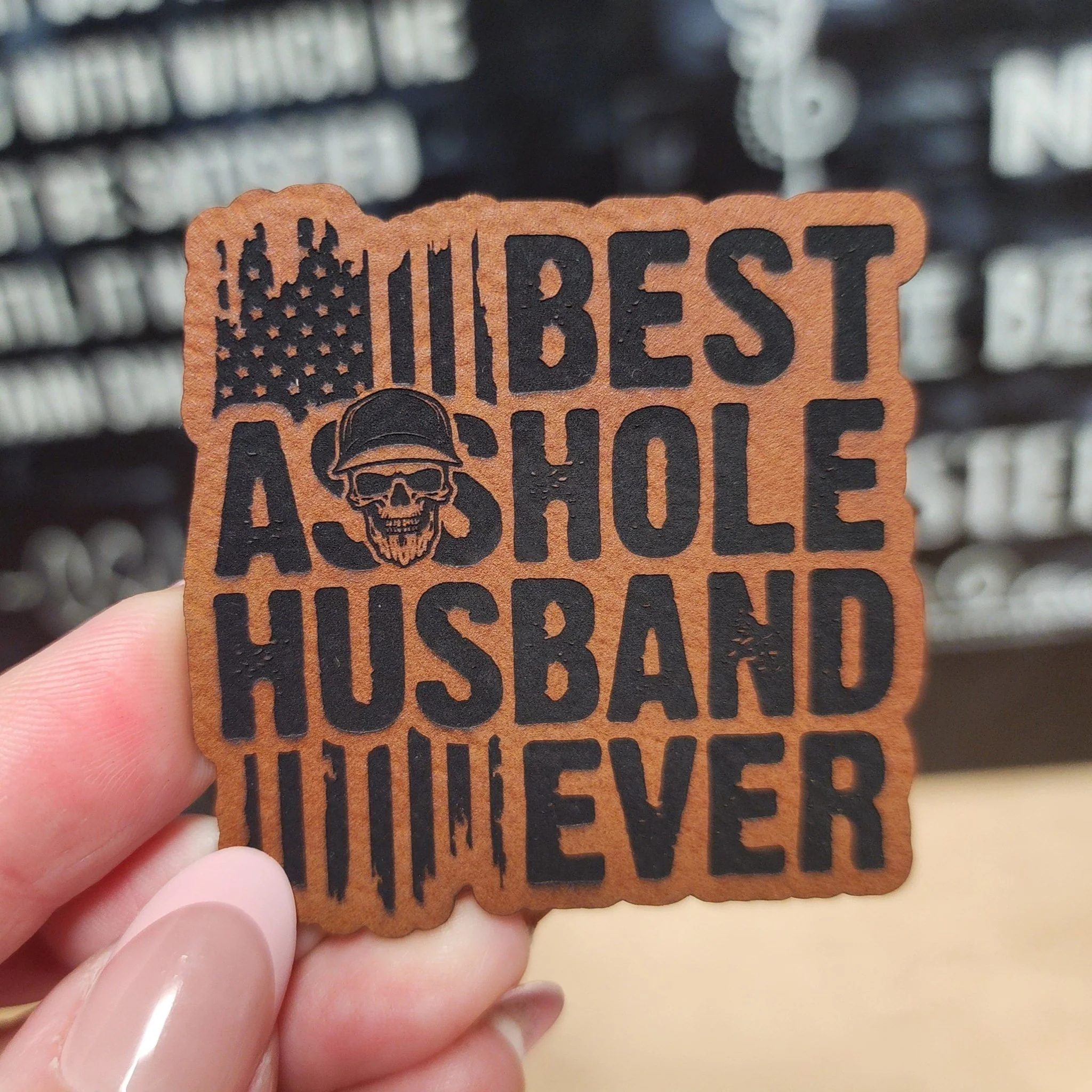 Funny Military Husband Engraved Leatherette Hat Patch - MR01