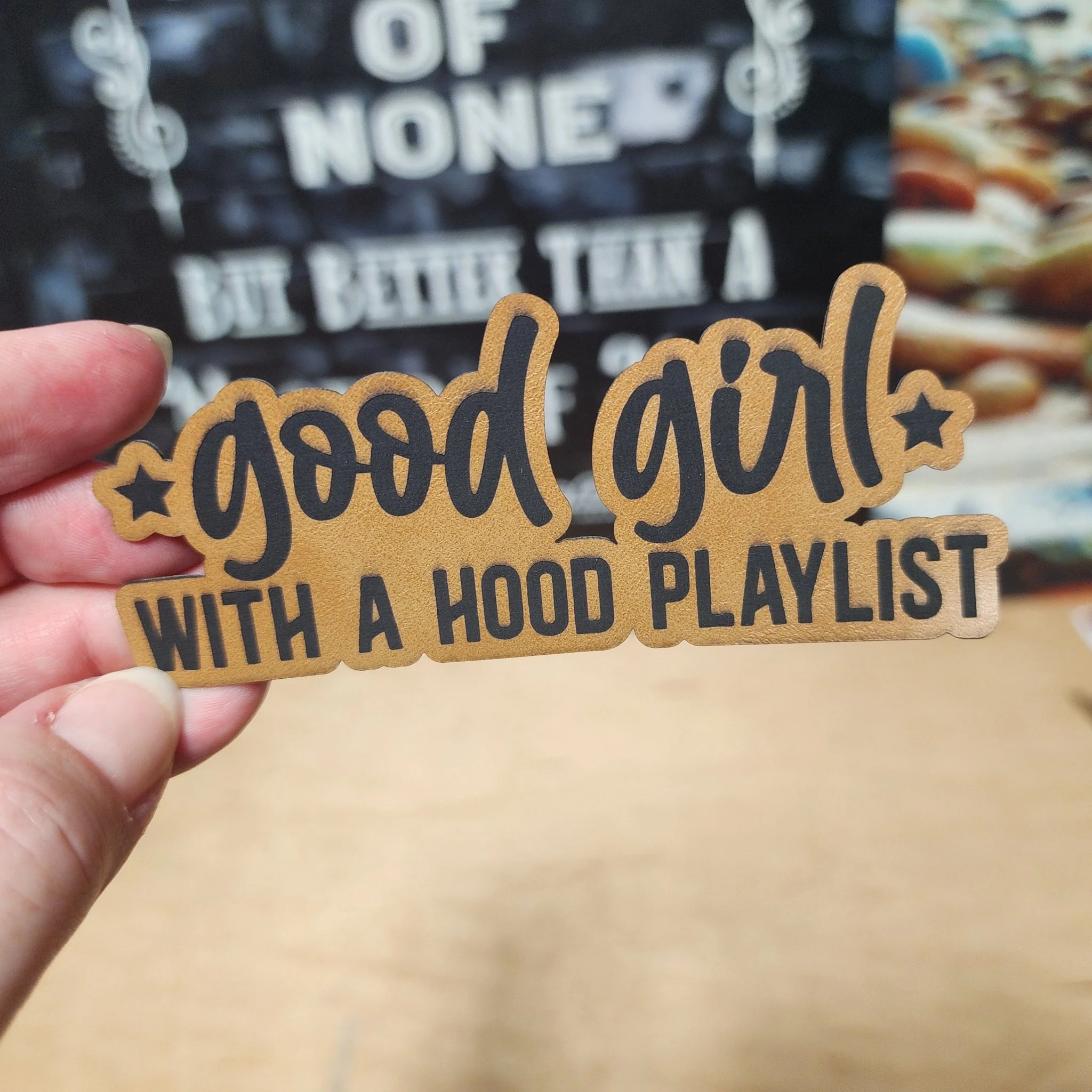 Good Girl with a Hood Playlist Engraved Leatherette Hat Patch - MR01