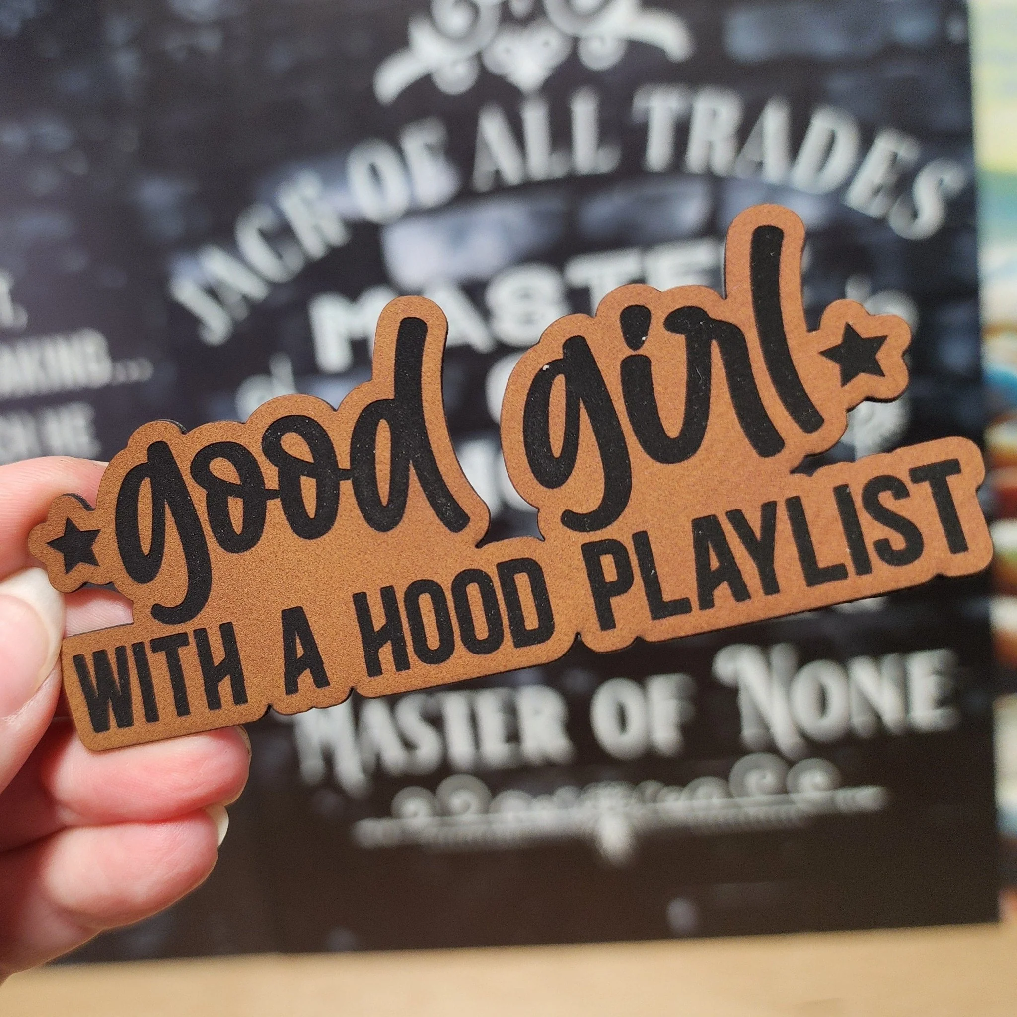 Good Girl with a Hood Playlist (Rawhide) Engraved Leatherette Hat Patch - MR01