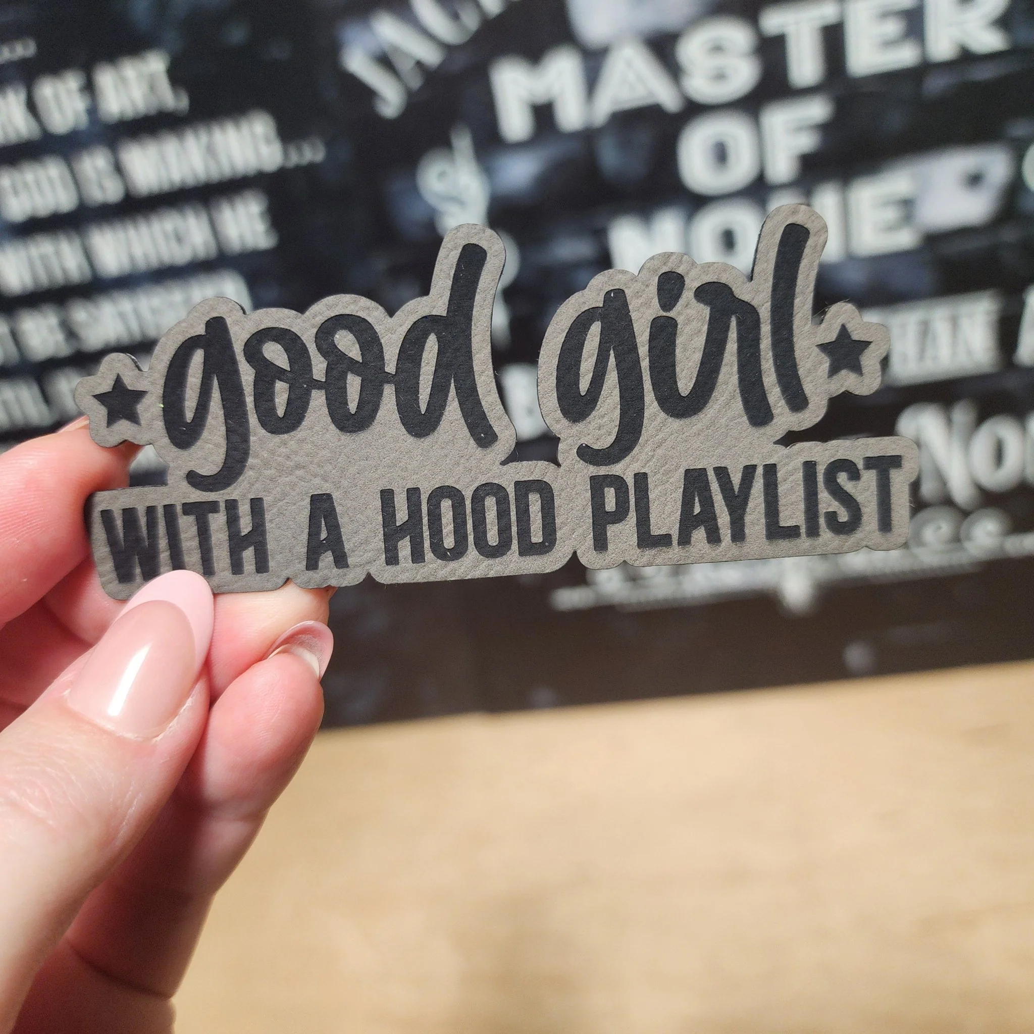 Good Girl with Hood Playlist Engraved Leatherette Hat Patch - MR01