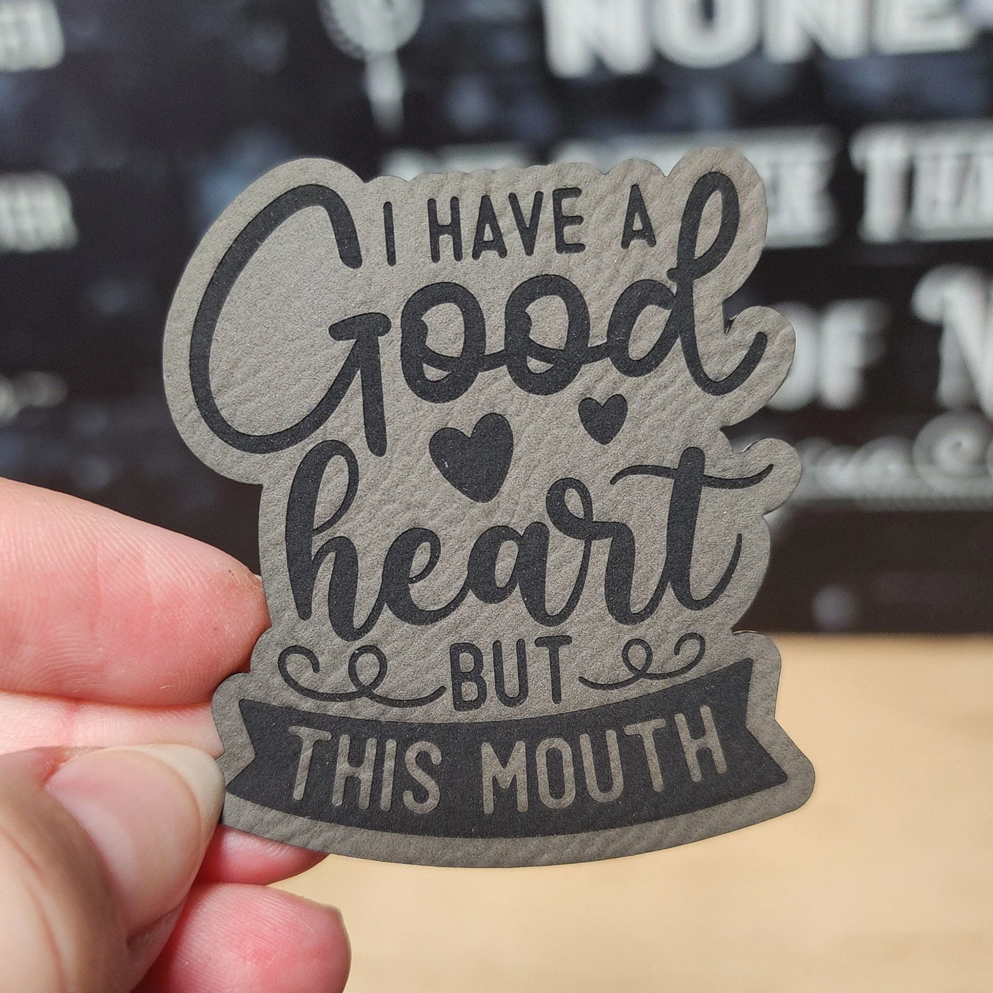 Good Heart, Honest Mouth (Grey) Engraved Leatherette Hat Patch - MR01