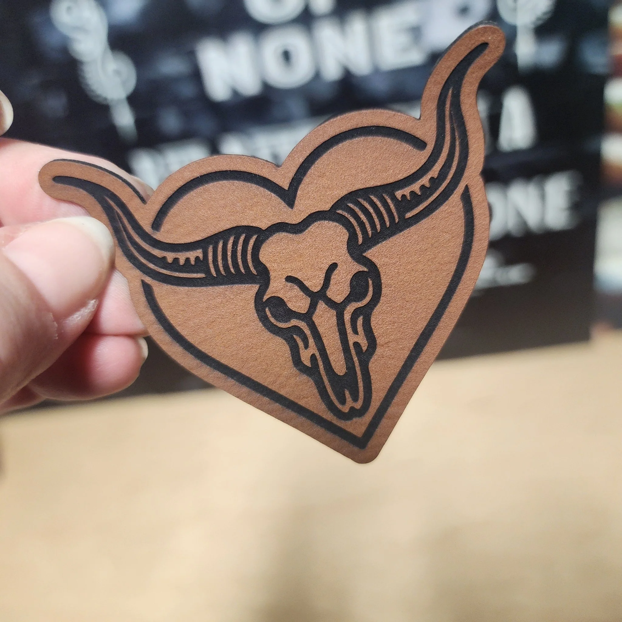 Heart-Shaped Bull Skull Engraved Leatherette Hat Patch - MR01