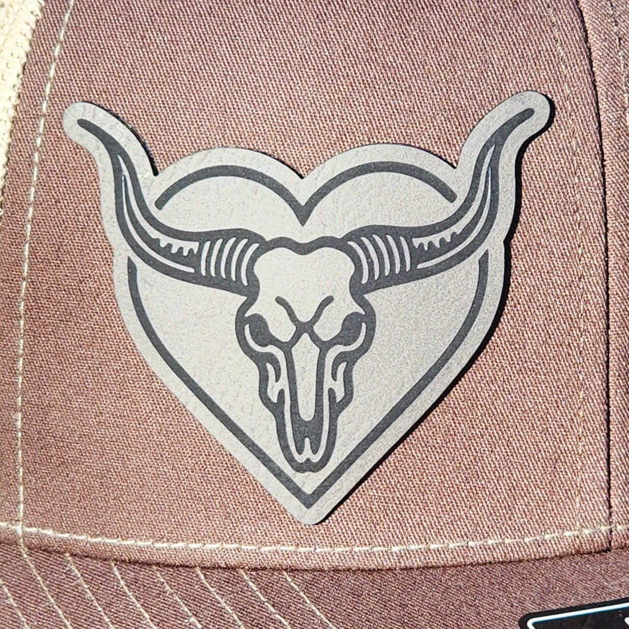 Heart-Shaped Bull Skull Engraved Leatherette Hat Patch - MR01 - Image 3