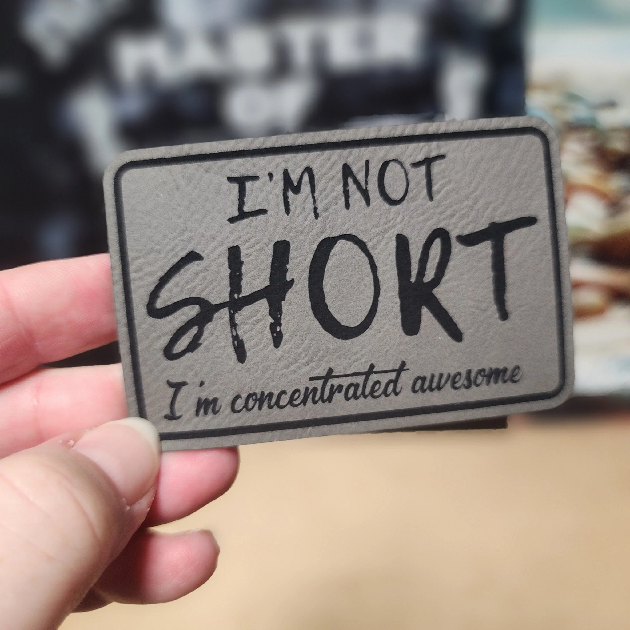 Height Doesn't Define Awesome (Grey) Engraved Leatherette Hat Patch - MR01