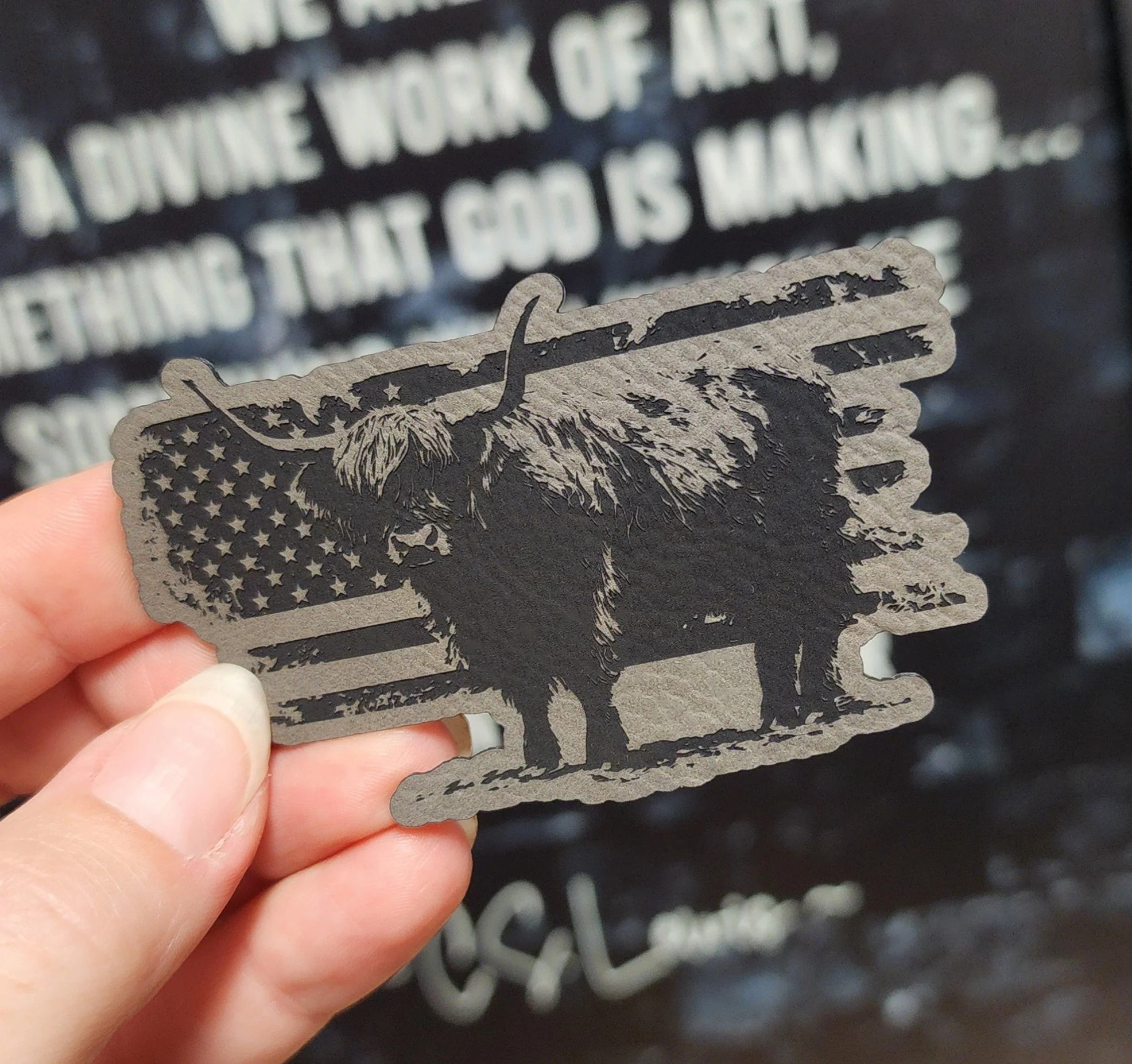 Highland Cattle Flag Grey Engraved Leatherette Hat Patch - MR01