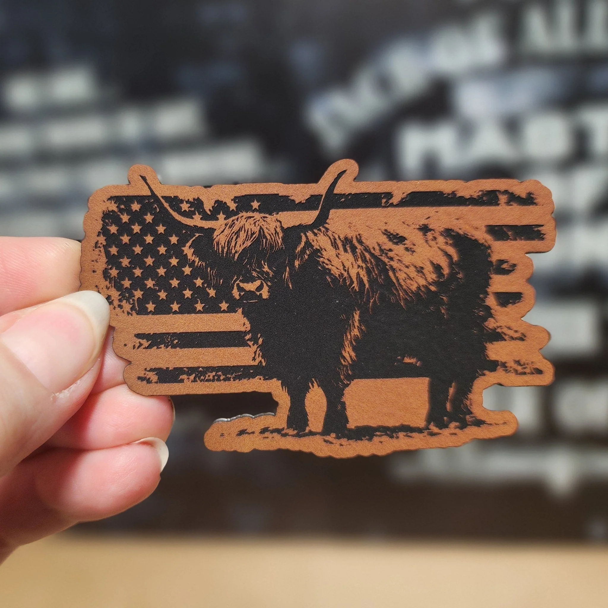 Highland Cow American Pride (Rawhide) Engraved Leatherette Hat Patch - MR01