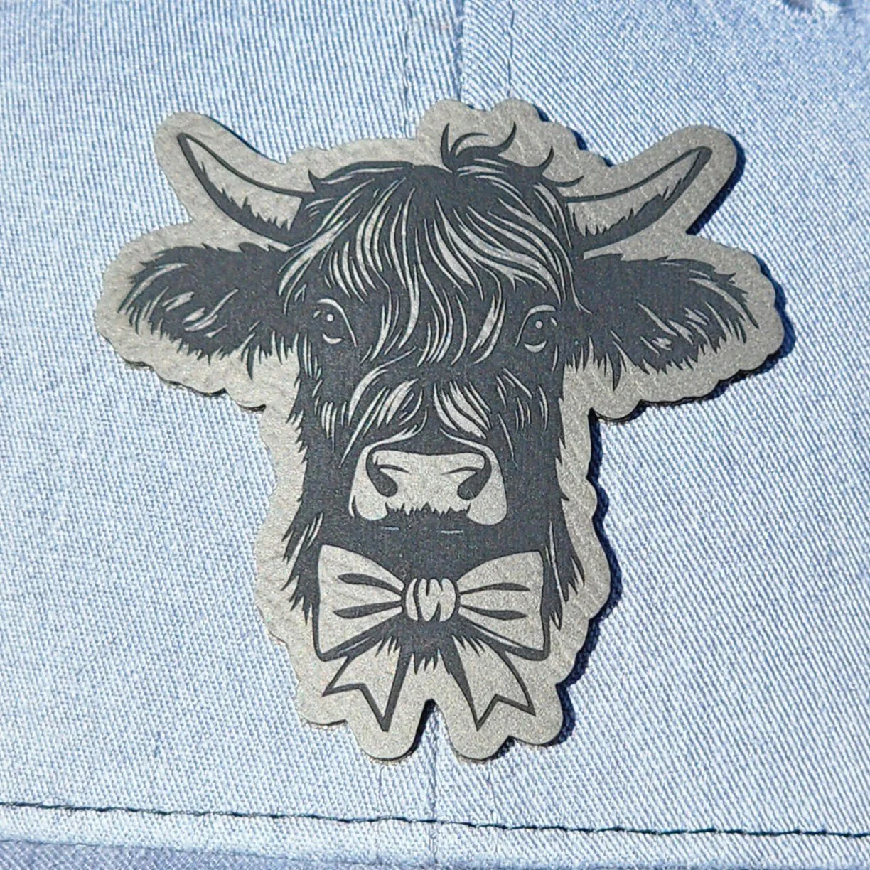 Highland Cow Bowtie Grey Engraved Leatherette Hat Patch - MR01