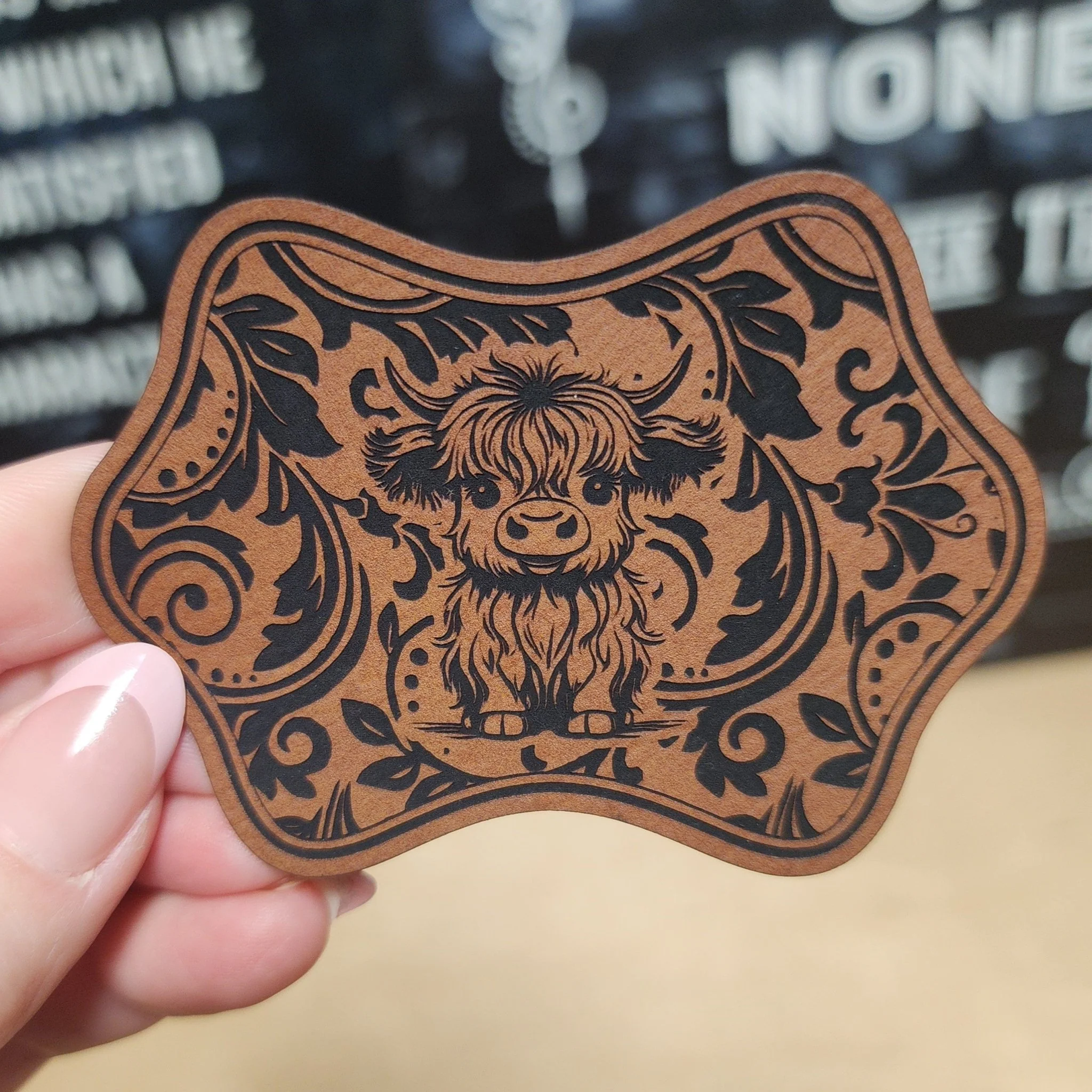 Highland Cow Engraved Leatherette Hat Patch - MR01