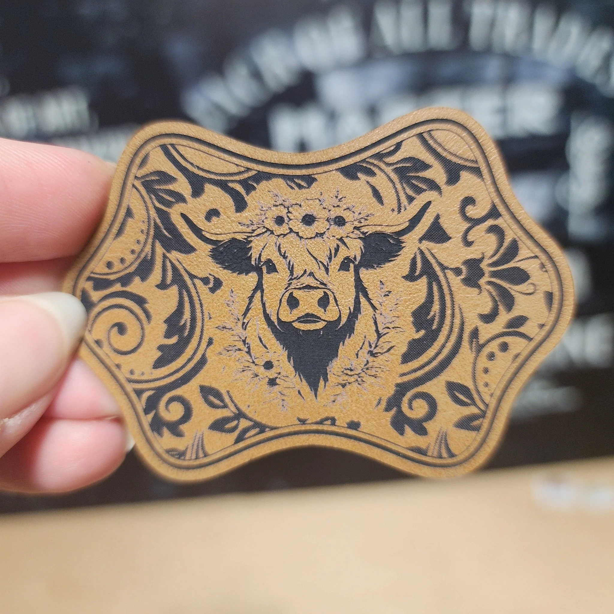 Highland Cow Tooled Floral (Saddle Tan) Engraved Leatherette Hat Patch - MR01