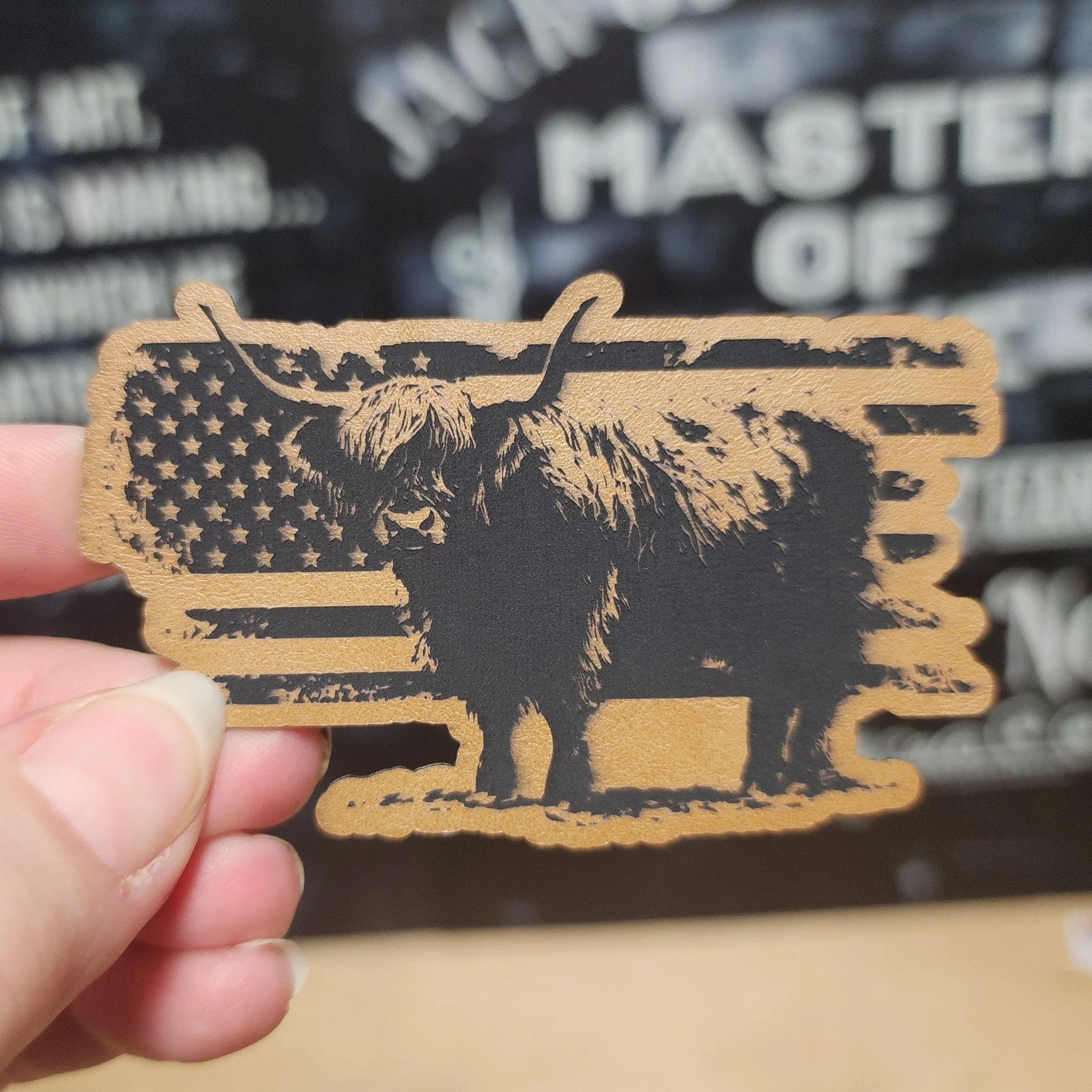 Highland Cow with American Flag (Saddle Tan) Engraved Leatherette Hat Patch - MR01