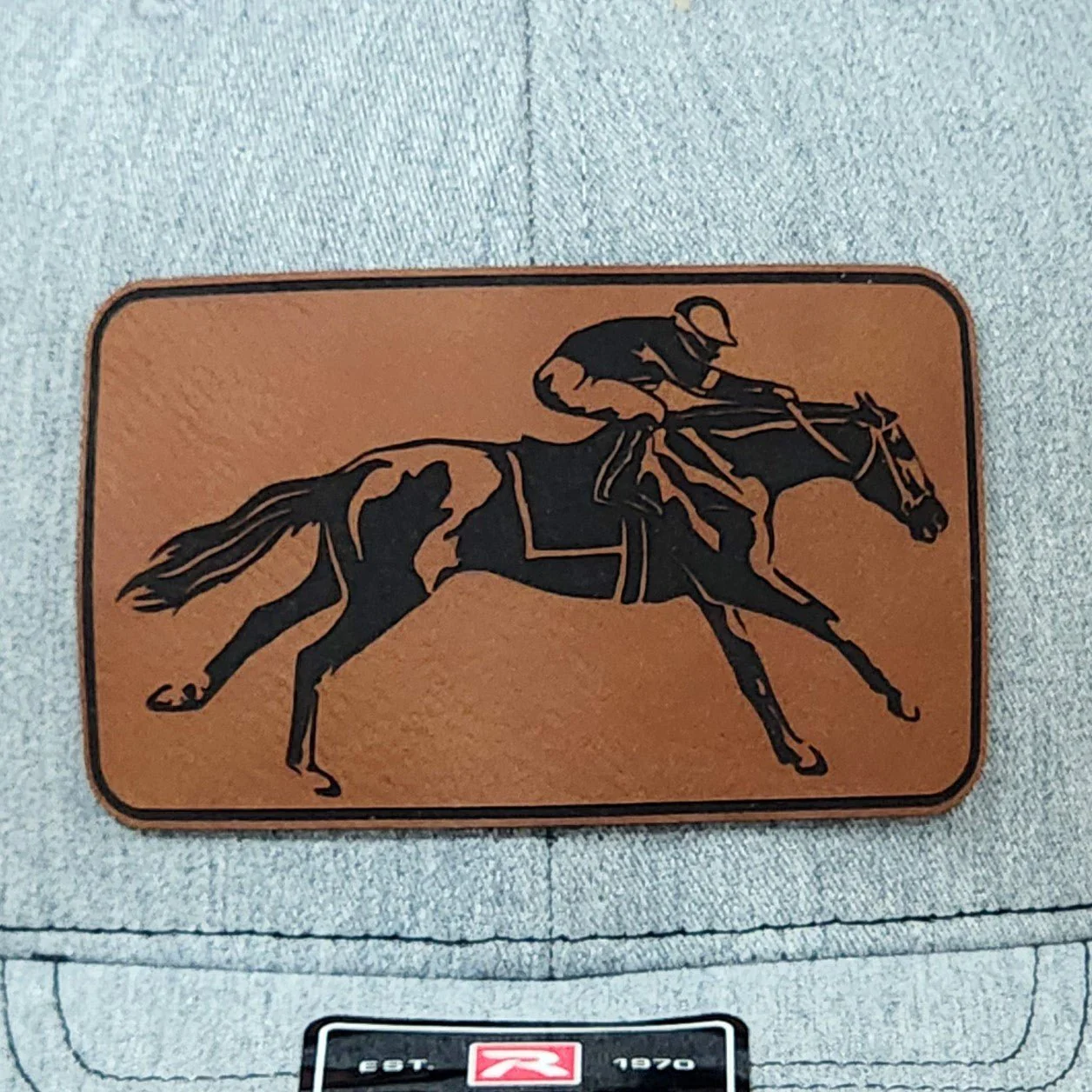 Horse Racing Engraved Leatherette Hat Patch - MR01