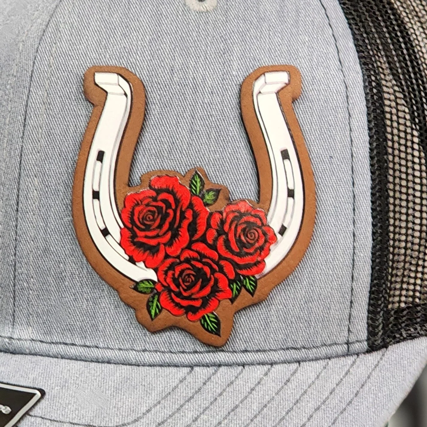 Horseshoe with Red Roses UV Printed Leatherette Hat Patch - MR01