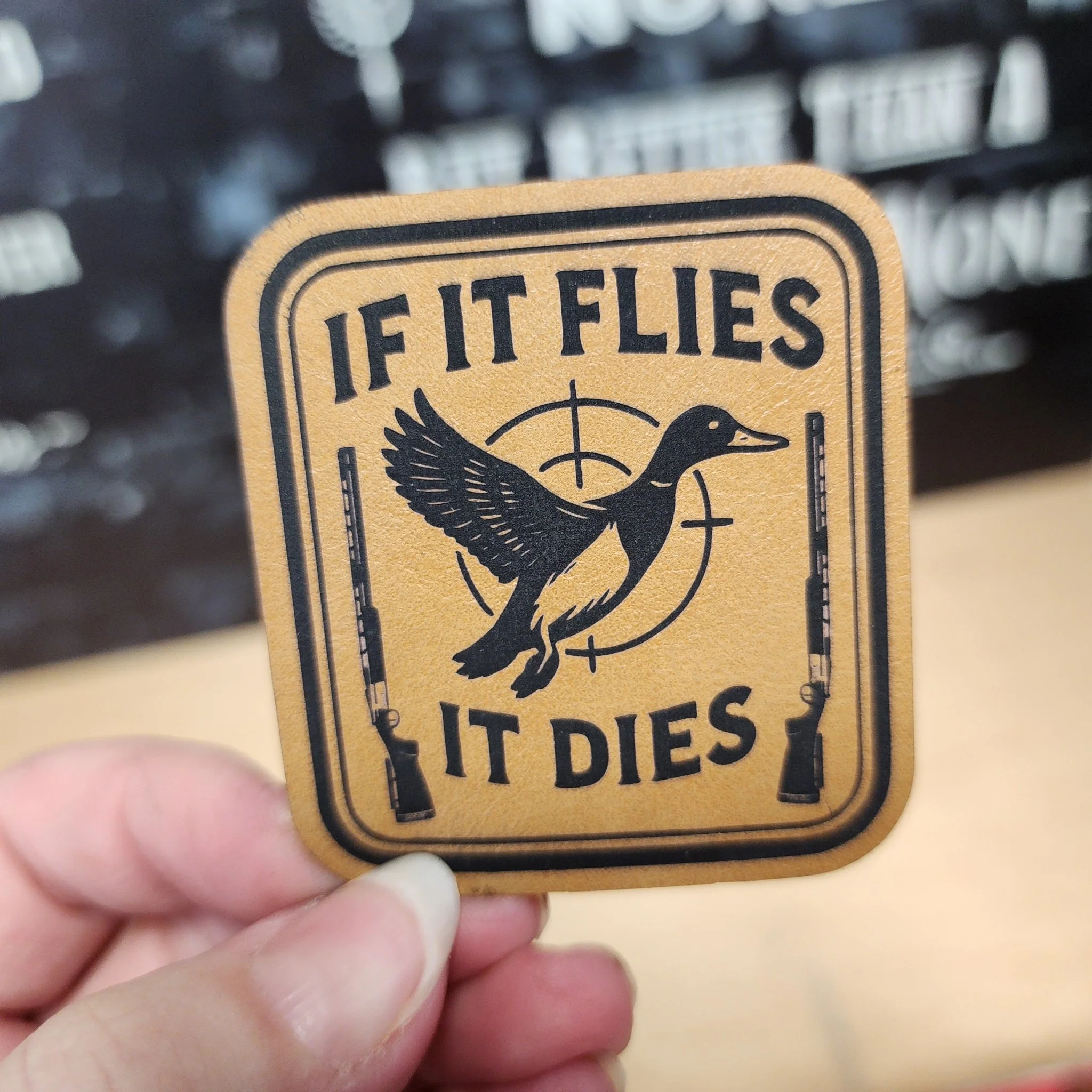 Hunting Humor: Fly or Die (Saddle Tan) Engraved Leatherette Hat Patch - MR01