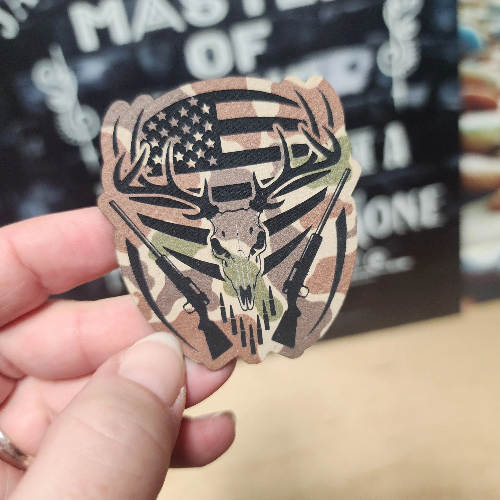 Hunting Skull with American Flag (Fowl Play Camo) Engraved Leatherette Hat Patch - MR01