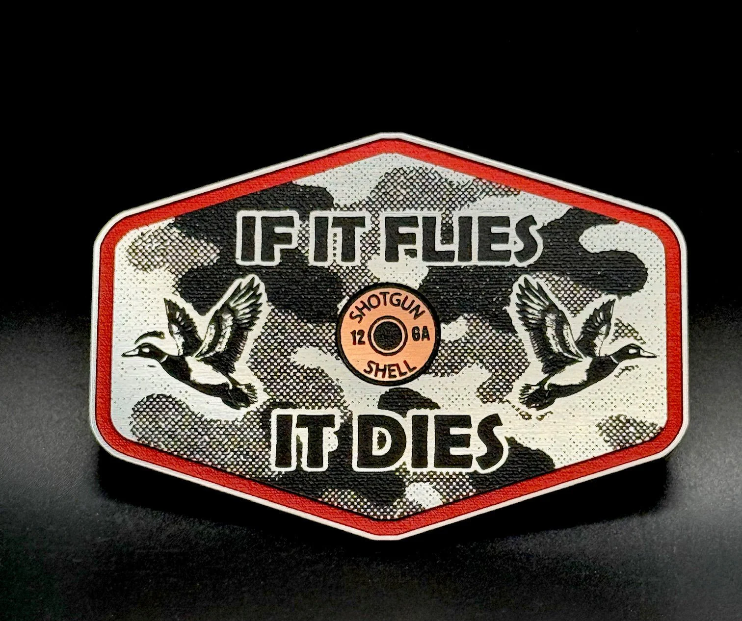 If It Flies Acrylic Hat Patch Linen Camo Design with Copper Acrylic Insert - 2 Pieces - 4 Colors Available - Image 3
