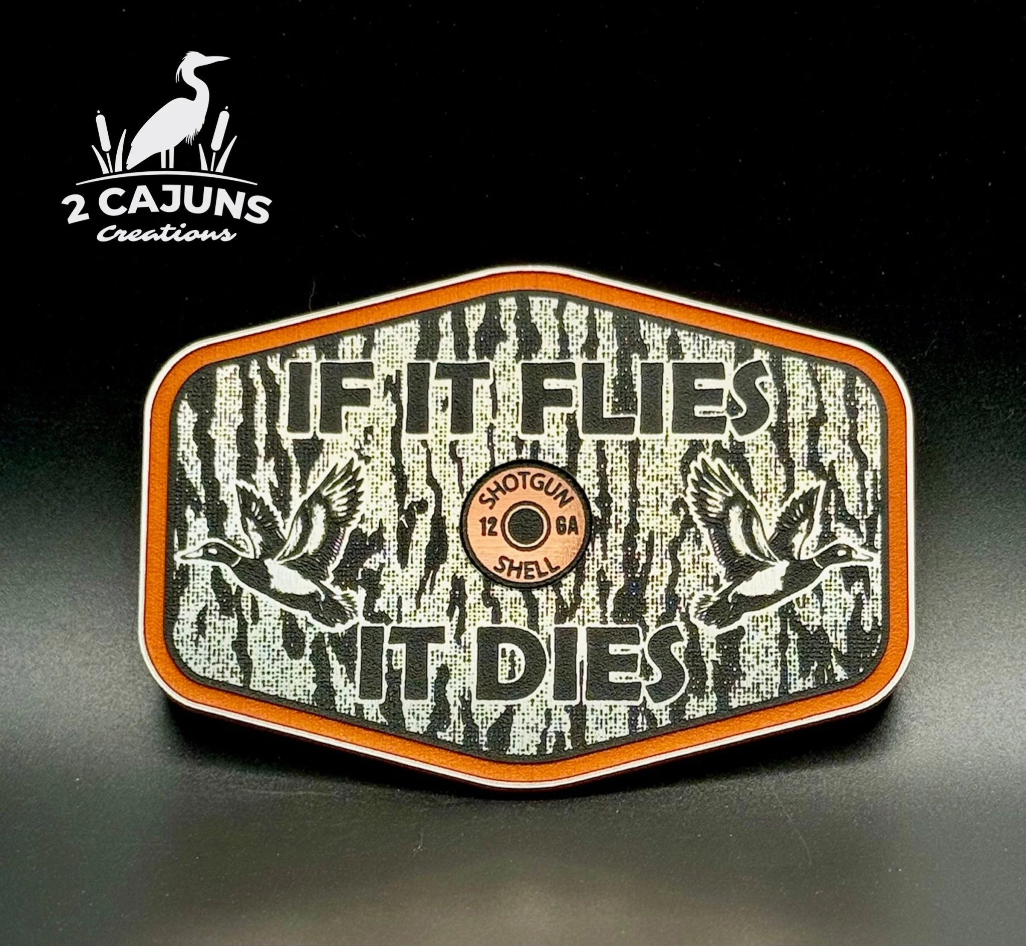 If It Flies Acrylic Hat Patch Tree Bark Design with Copper Acrylic Insert - 2 Pieces - 4 Colors Available - Image 2