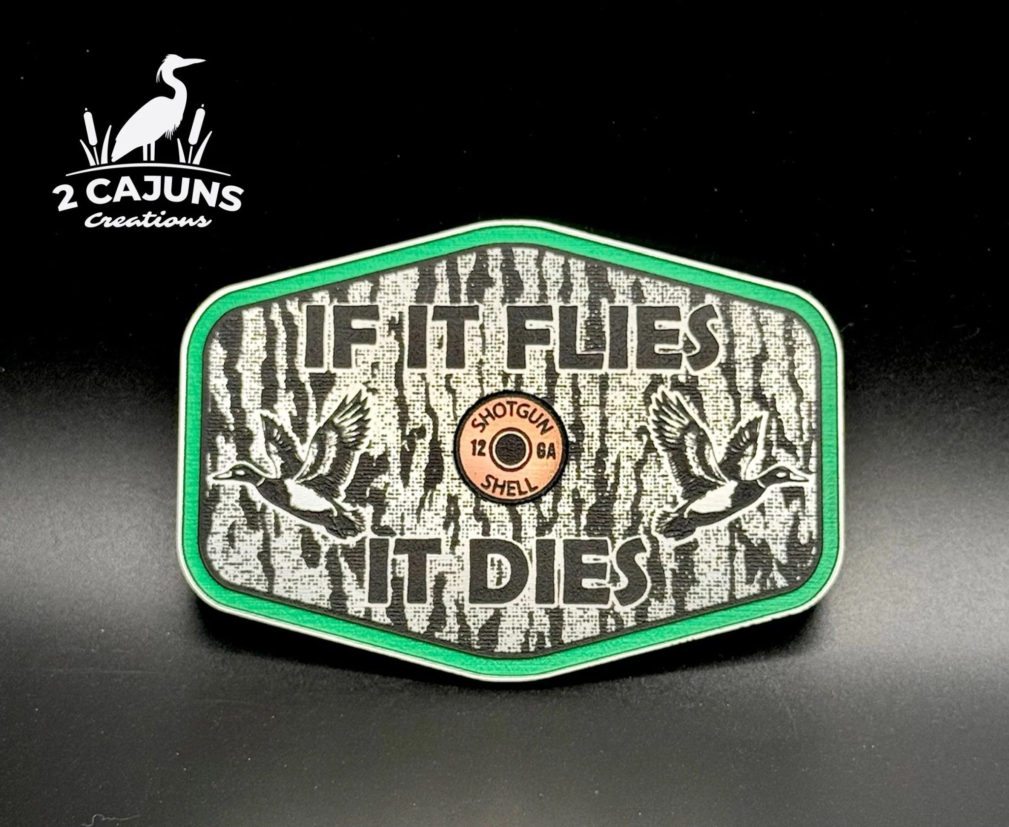If It Flies Acrylic Hat Patch Tree Bark Design with Copper Acrylic Insert - 2 Pieces - 4 Colors Available - Image 3