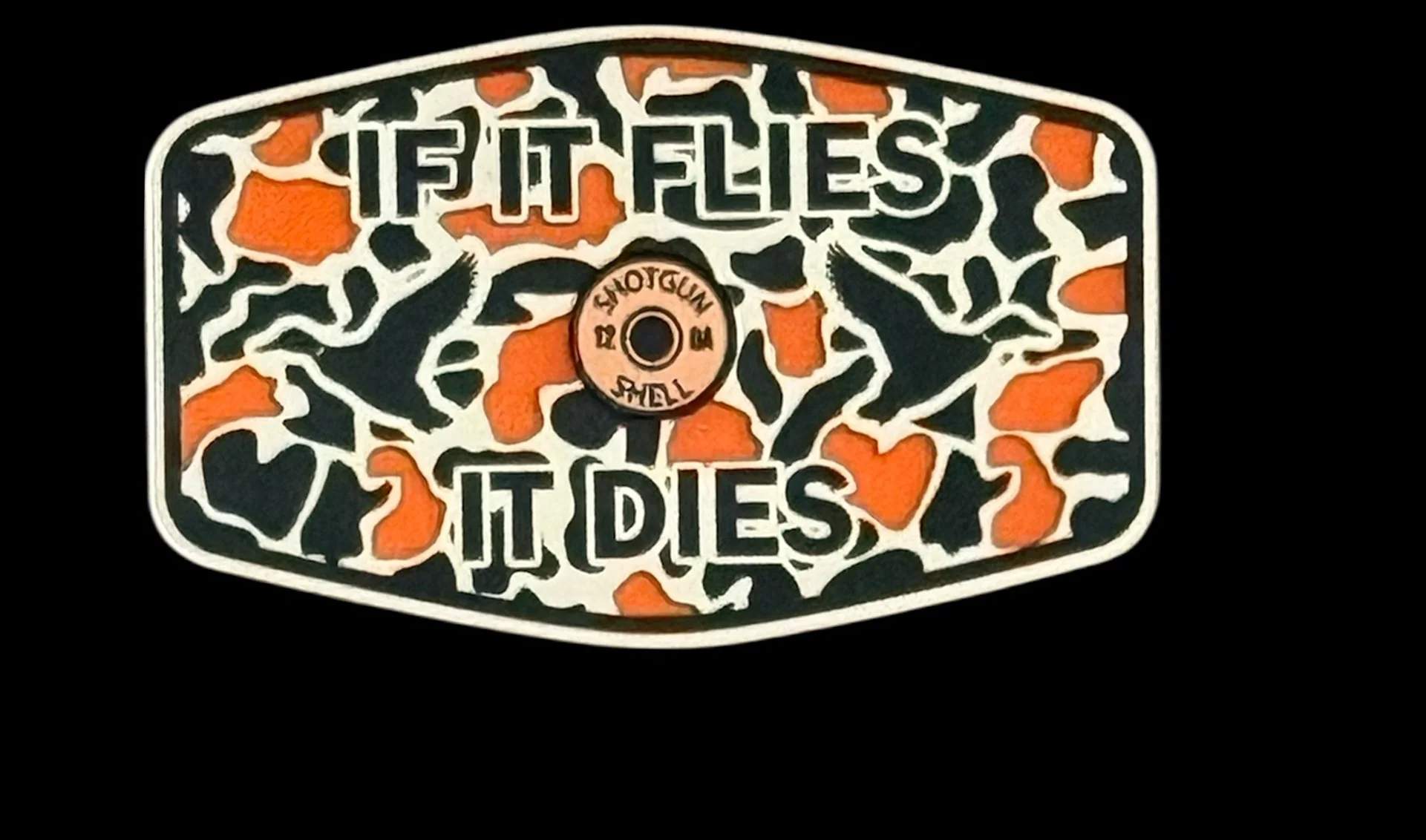 If It Flies It Dies Acrylic Hat Patch with Copper Shell - 2 Pieces - 3 Colors Available - Image 2