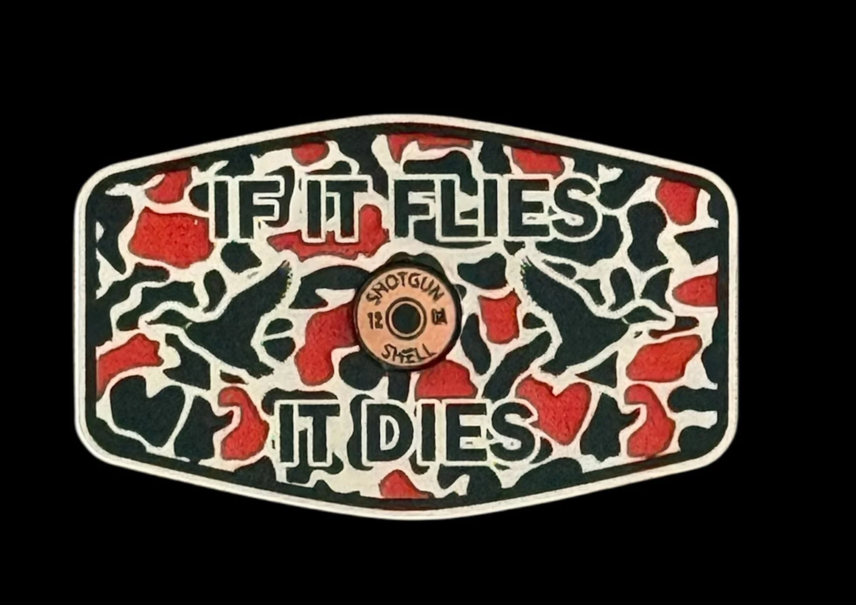 If It Flies It Dies Acrylic Hat Patch with Copper Shell - 2 Pieces - 3 Colors Available - Image 4