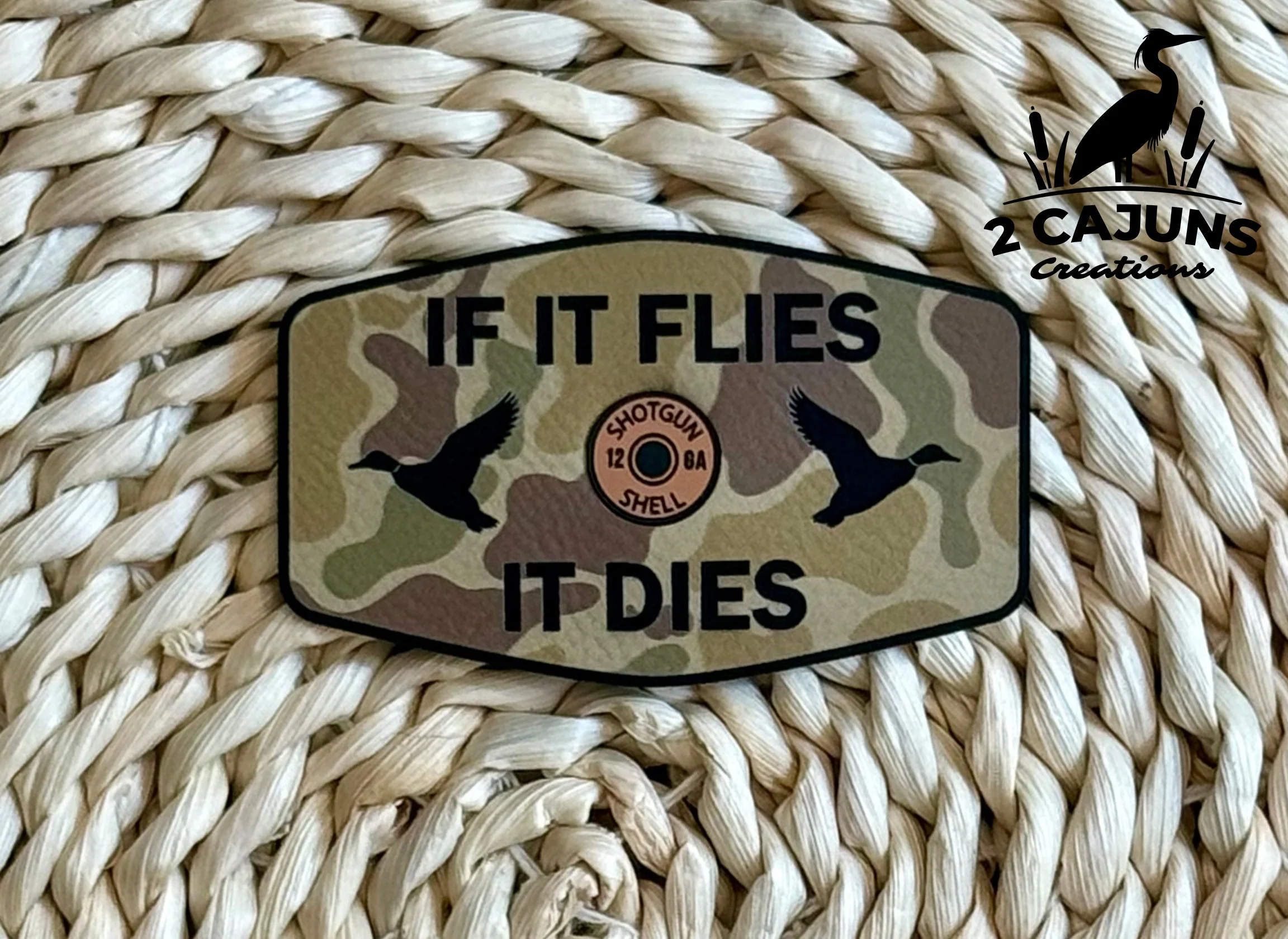 If It Flies It Dies Leatherette Hat Patch with Copper Acrylic Shell Insert - 3 Colors Available - Image 2