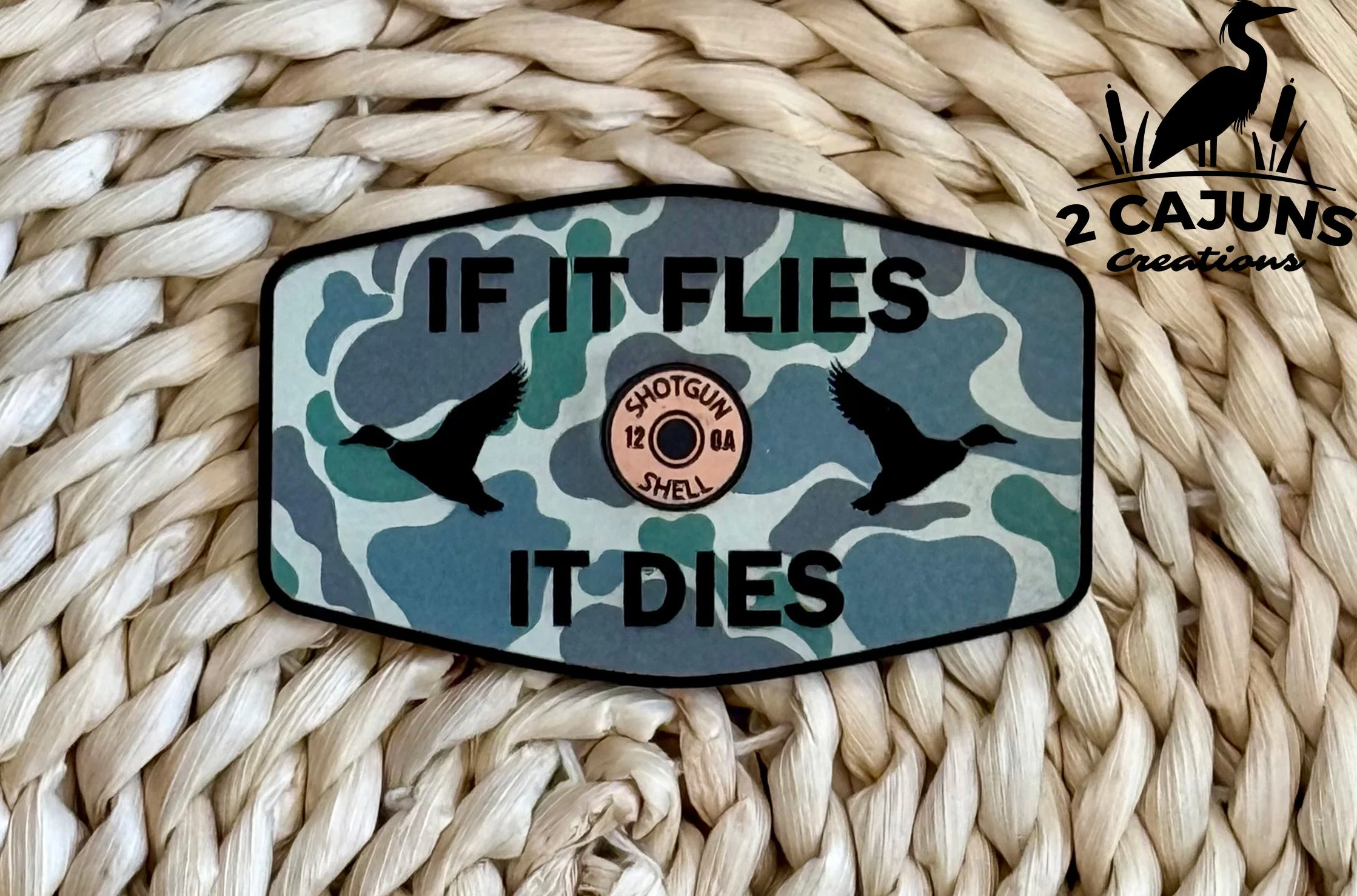 If It Flies It Dies Leatherette Hat Patch with Copper Acrylic Shell Insert - 3 Colors Available - Image 3