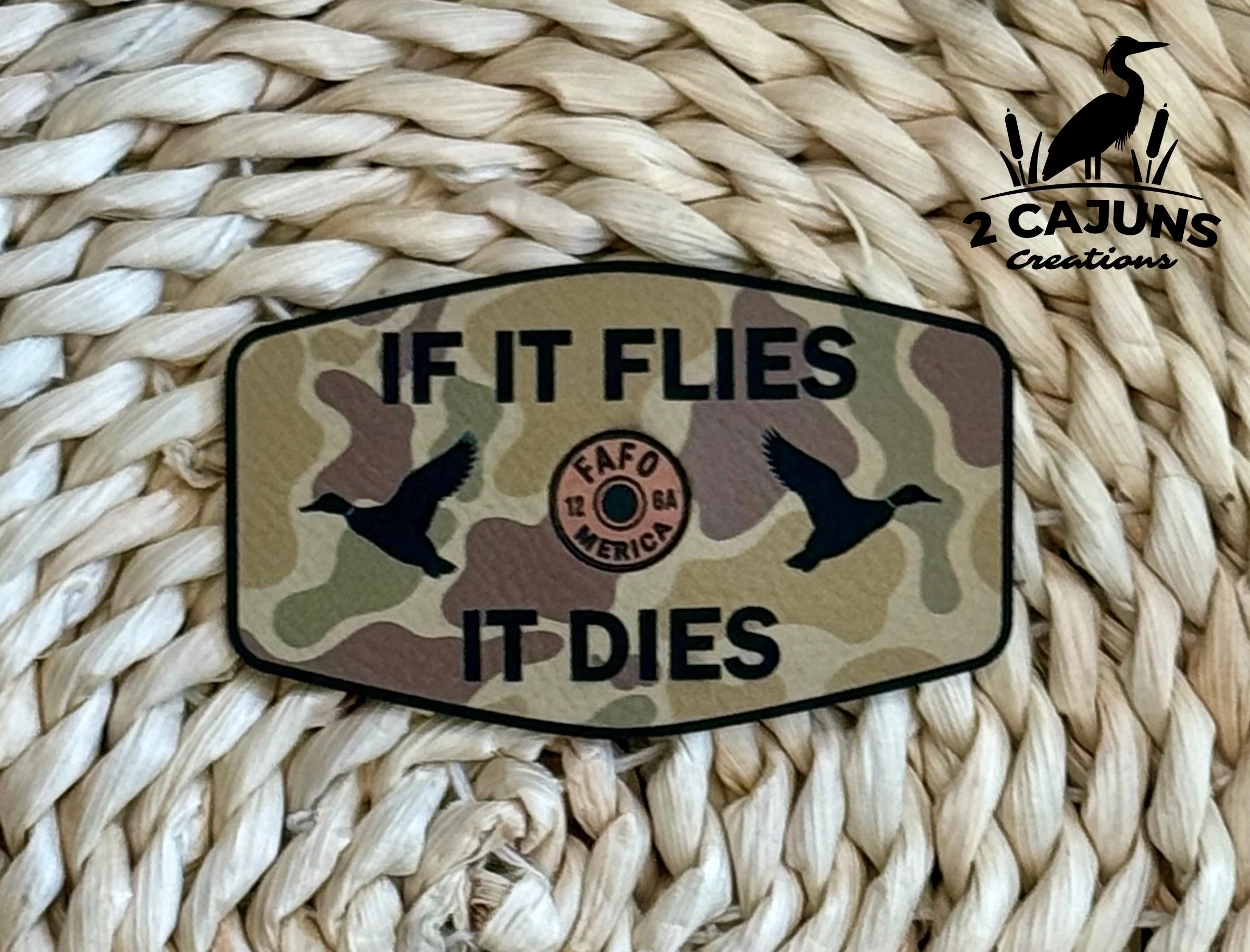 If It Flies It Dies Leatherette Hat Patch with Copper Acrylic Shell Insert - FAFO Edition - 3 Colors Available - Image 2