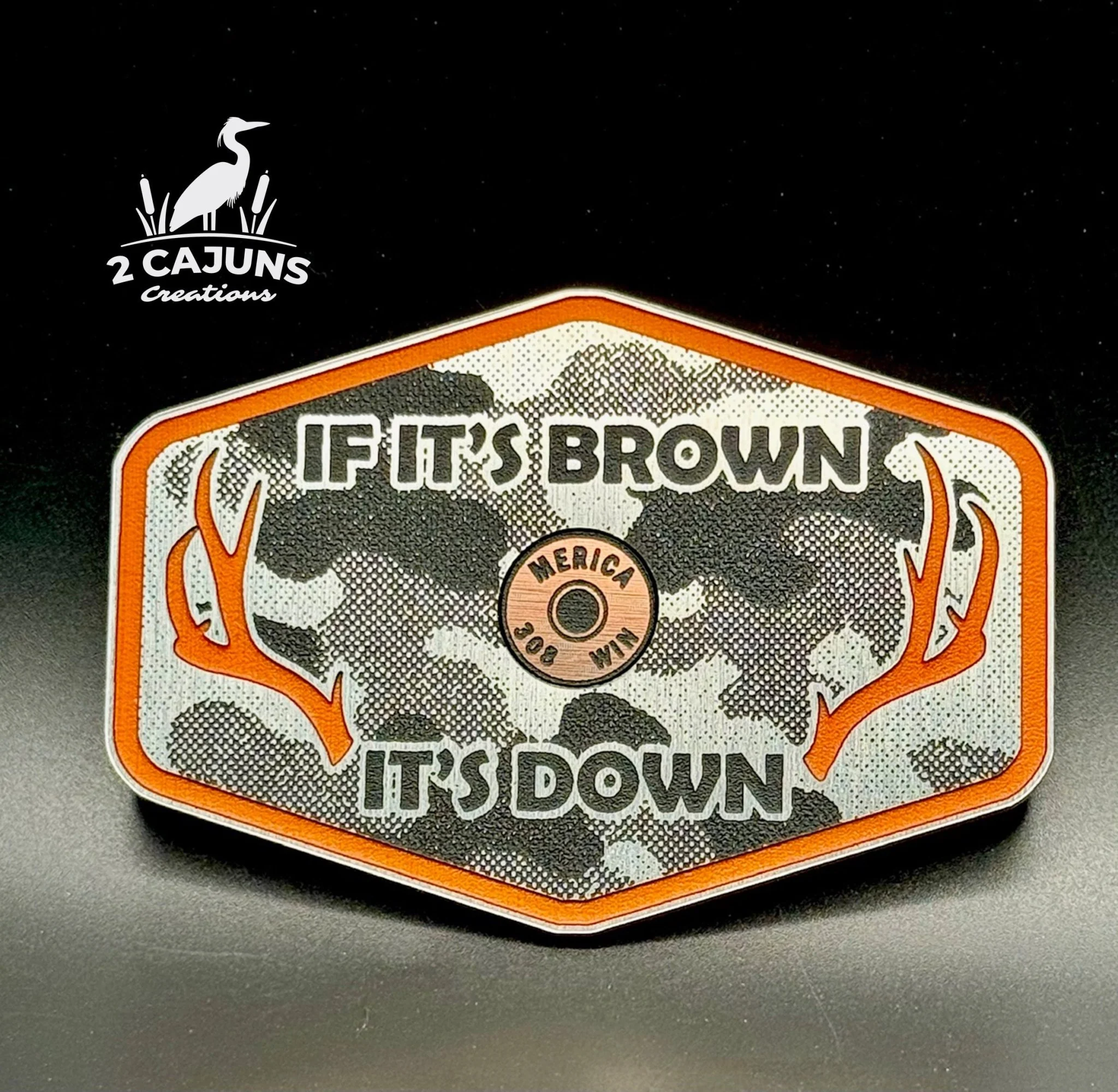 If It's Brown It's Down Acrylic Linen Camo Design Hat Patch with Copper Acrylic Insert Merica Edition - 2 Pieces - 4 Colors Available - Image 2
