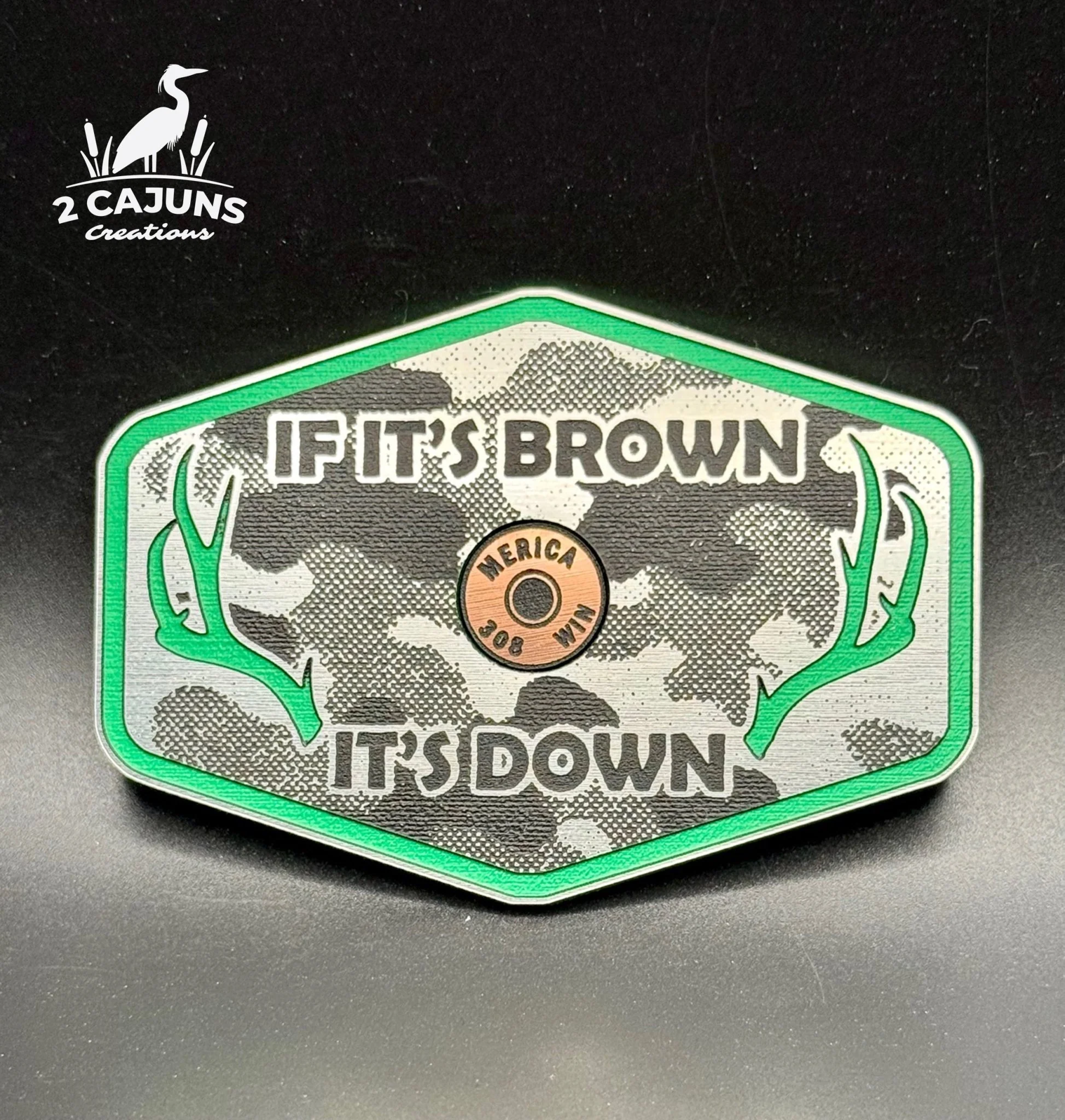 If It's Brown It's Down Acrylic Linen Camo Design Hat Patch with Copper Acrylic Insert Merica Edition - 2 Pieces - 4 Colors Available - Image 3