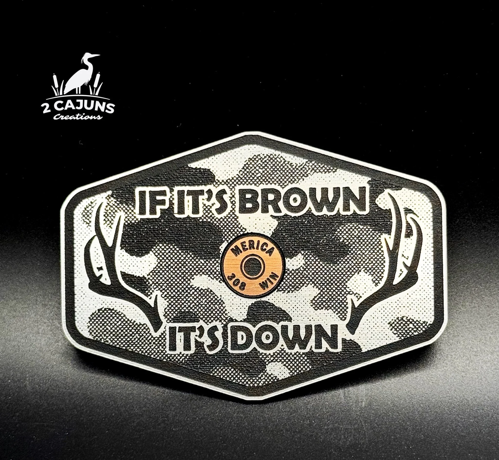 If It's Brown It's Down Acrylic Linen Camo Design Hat Patch with Copper Acrylic Insert Merica Edition - 2 Pieces - 4 Colors Available - Image 4