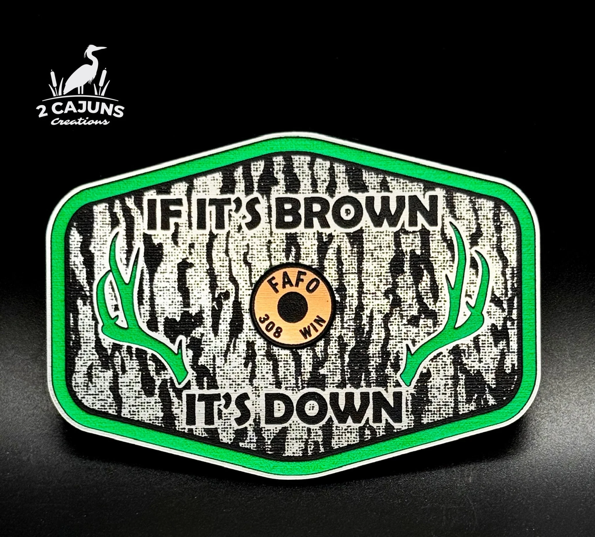 If It's Brown It's Down Acrylic Tree Bark Design Hat Patch with Copper Acrylic Insert FAFO Edition - 2 Pieces - 4 Colors Available - Image 2