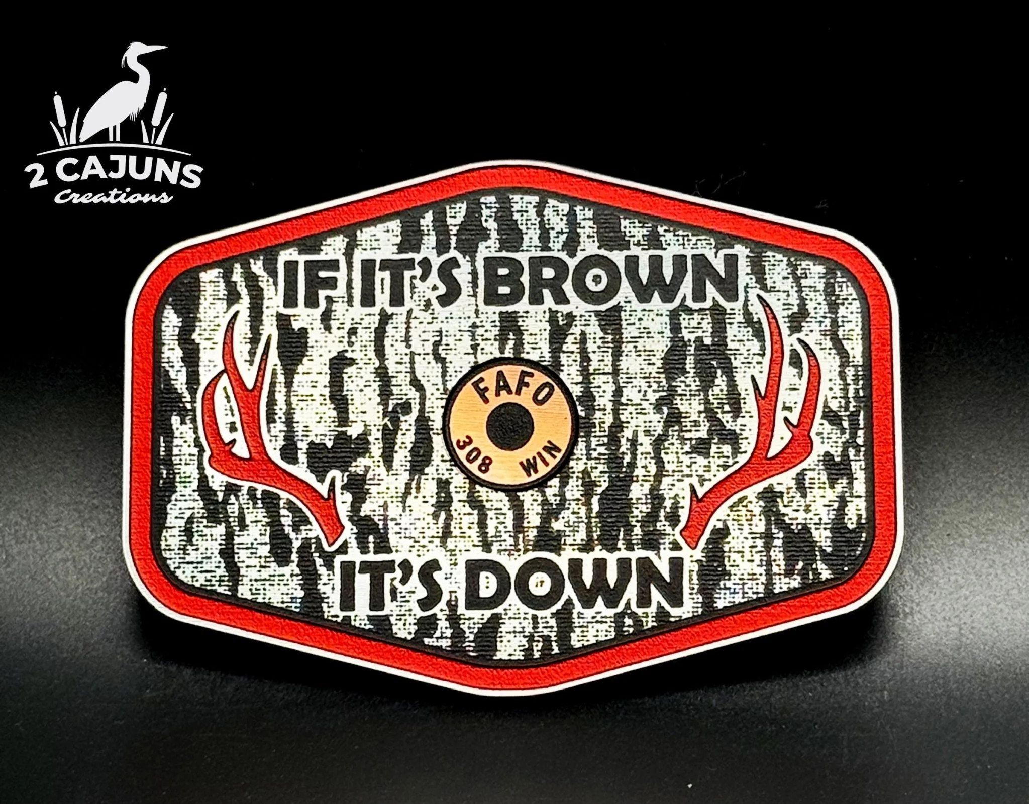 If It's Brown It's Down Acrylic Tree Bark Design Hat Patch with Copper Acrylic Insert FAFO Edition - 2 Pieces - 4 Colors Available - Image 3