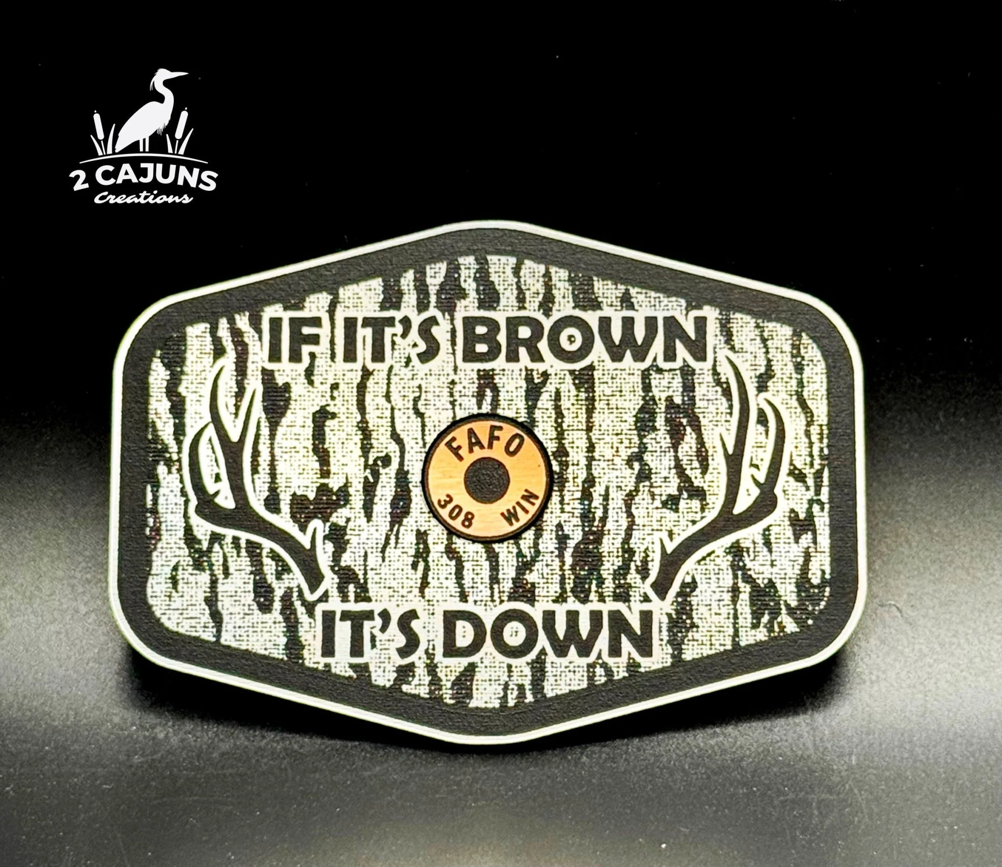 If It's Brown It's Down Acrylic Tree Bark Design Hat Patch with Copper Acrylic Insert FAFO Edition - 2 Pieces - 4 Colors Available - Image 4