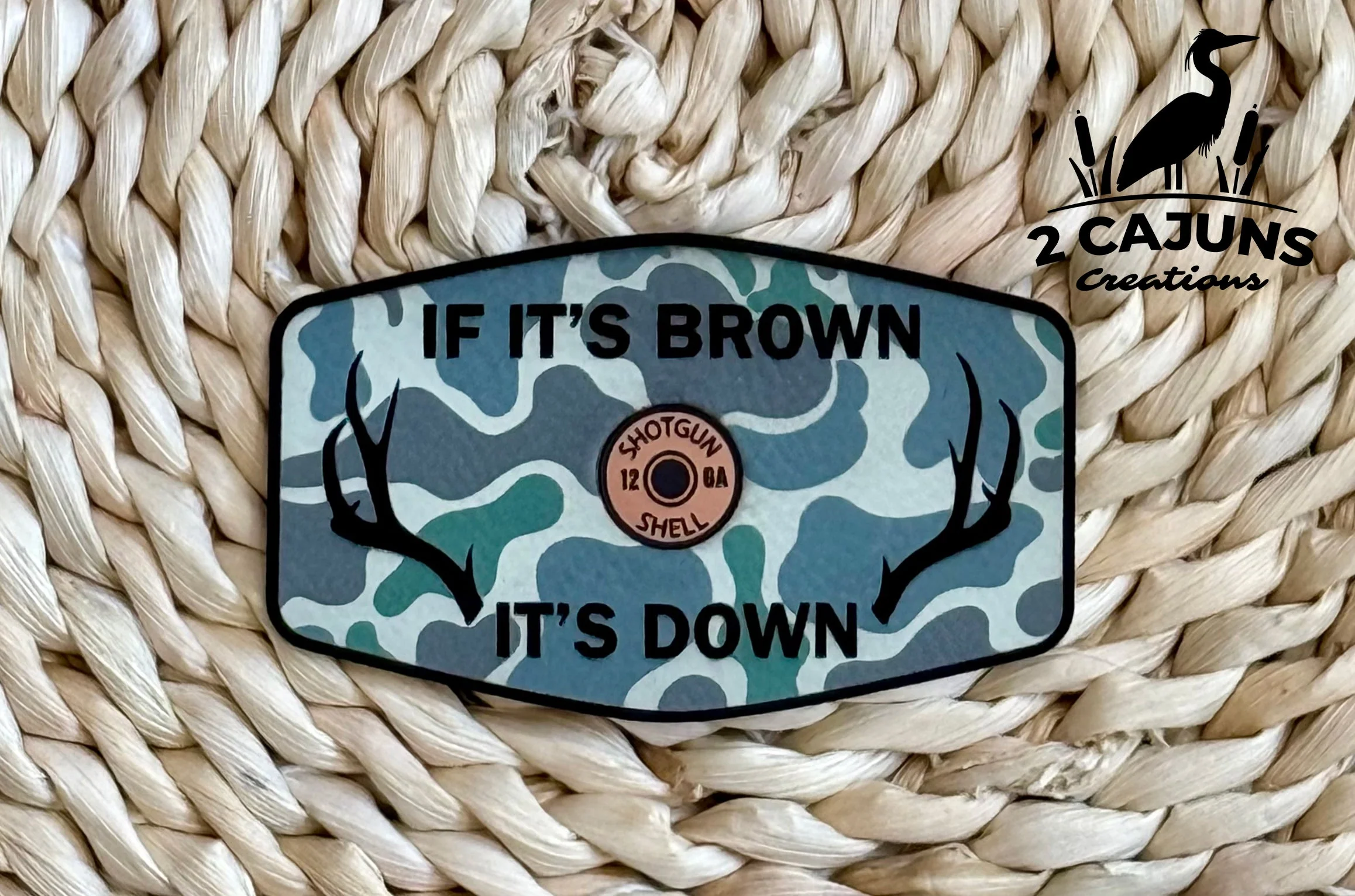 If It's Brown It's Down Leatherette Hat Patch with Copper Acrylic Shell Insert - 3 Colors Available - Image 3