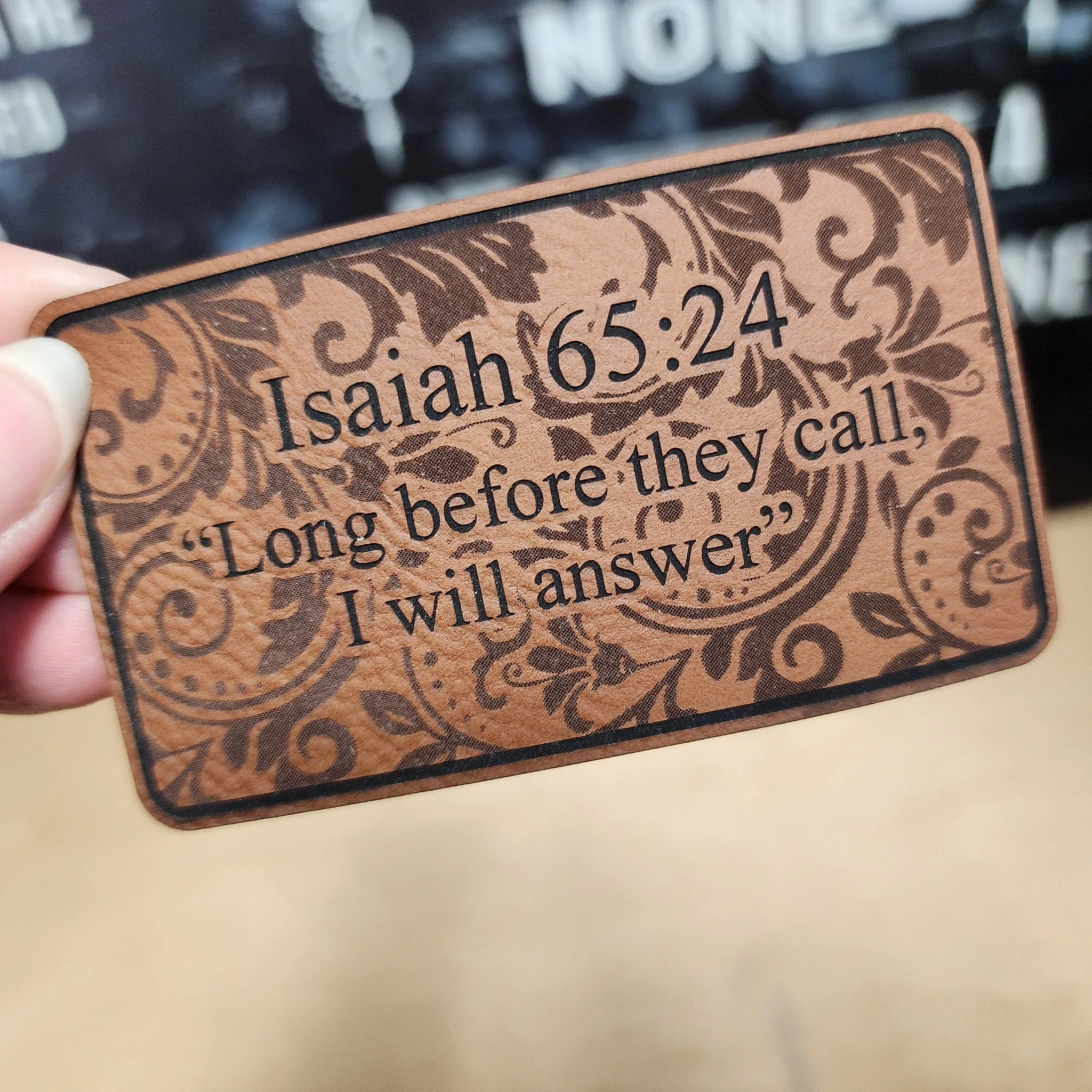 Isaiah 65 Tooled (Rawhide) Engraved Leatherette Hat Patch - MR01