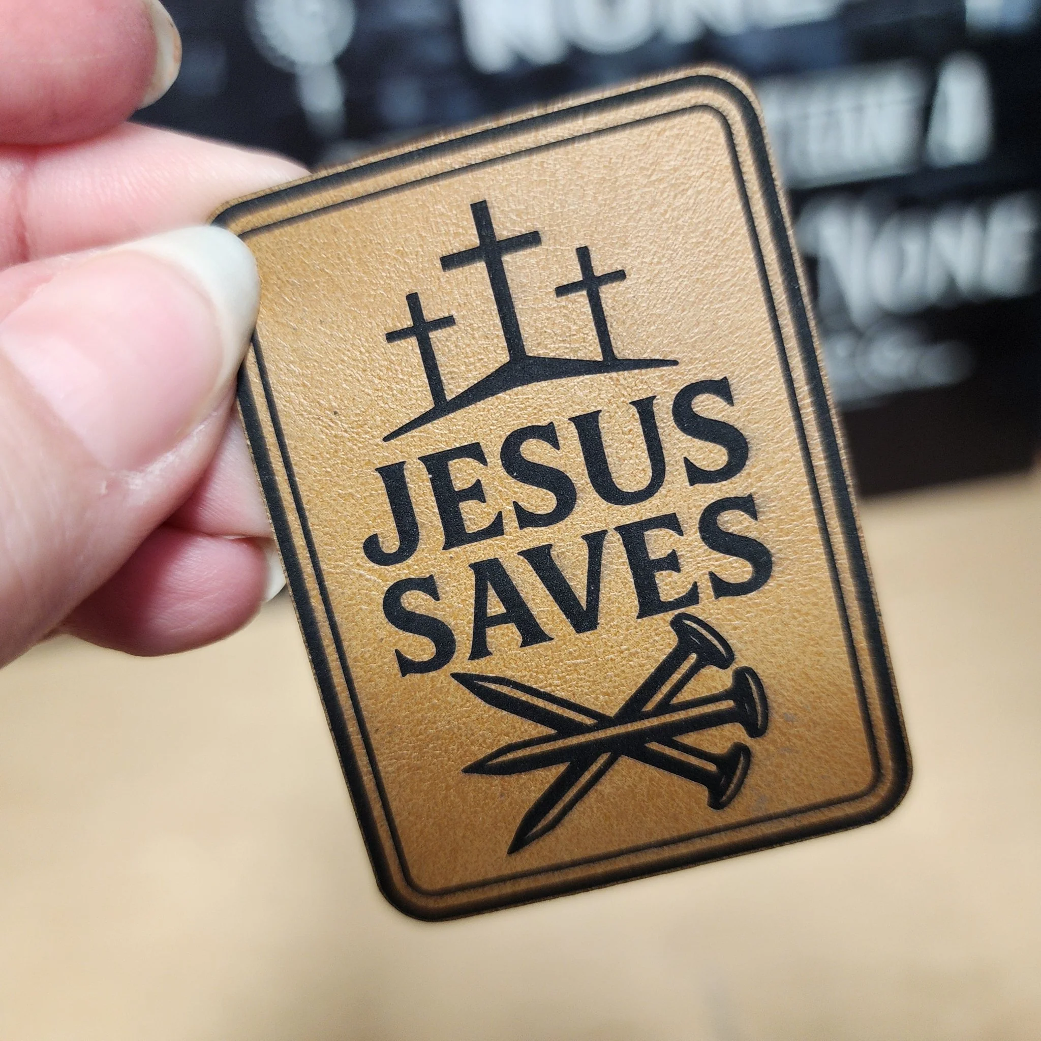 Jesus Saves (Saddle Tan) Engraved Leatherette Hat Patch - MR01