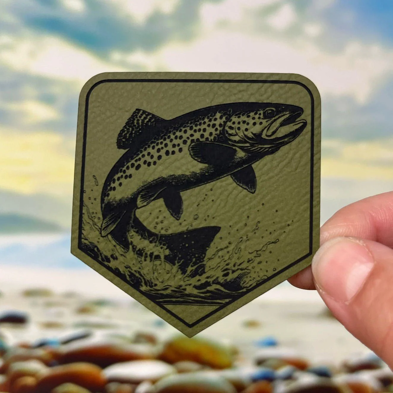 Jumping Trout Fishing Engraved Leatherette Hat Patch - MR01