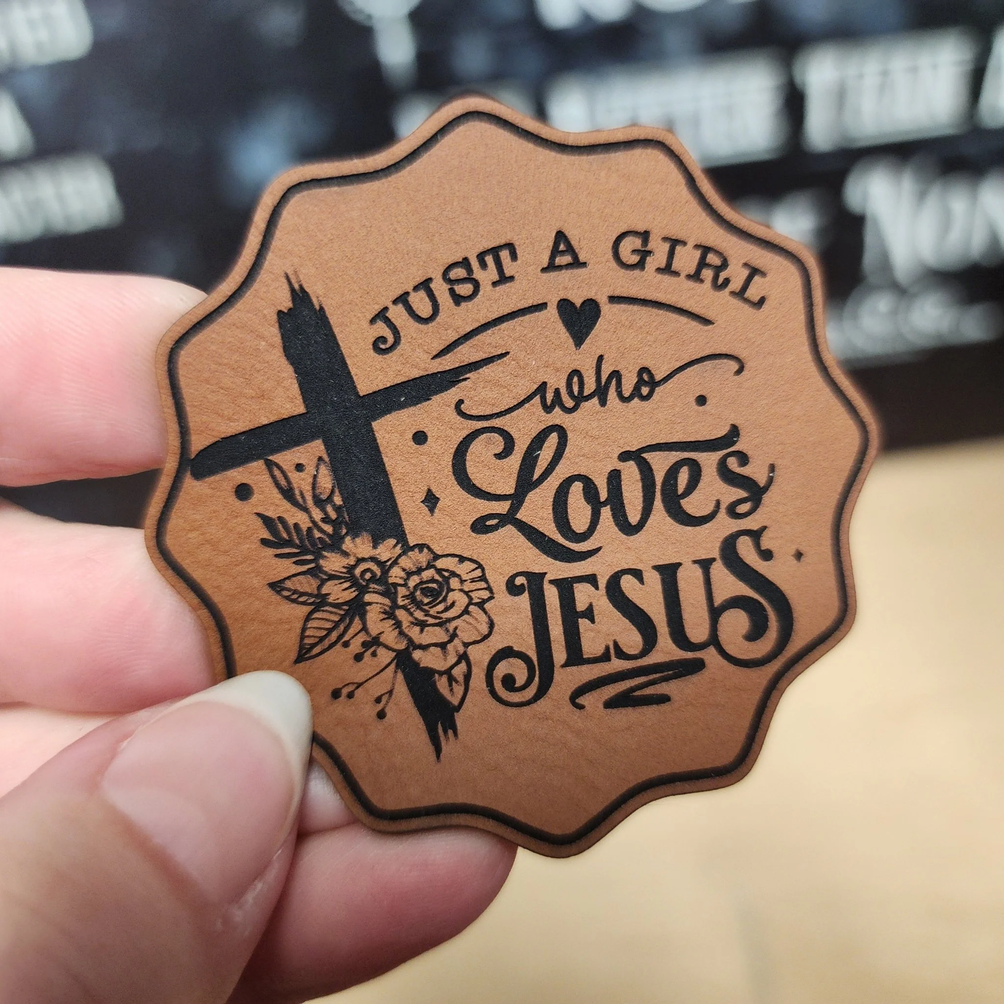 Just a Girl Who Loves Jesus (Rawhide) Engraved Leatherette Hat Patch - MR01