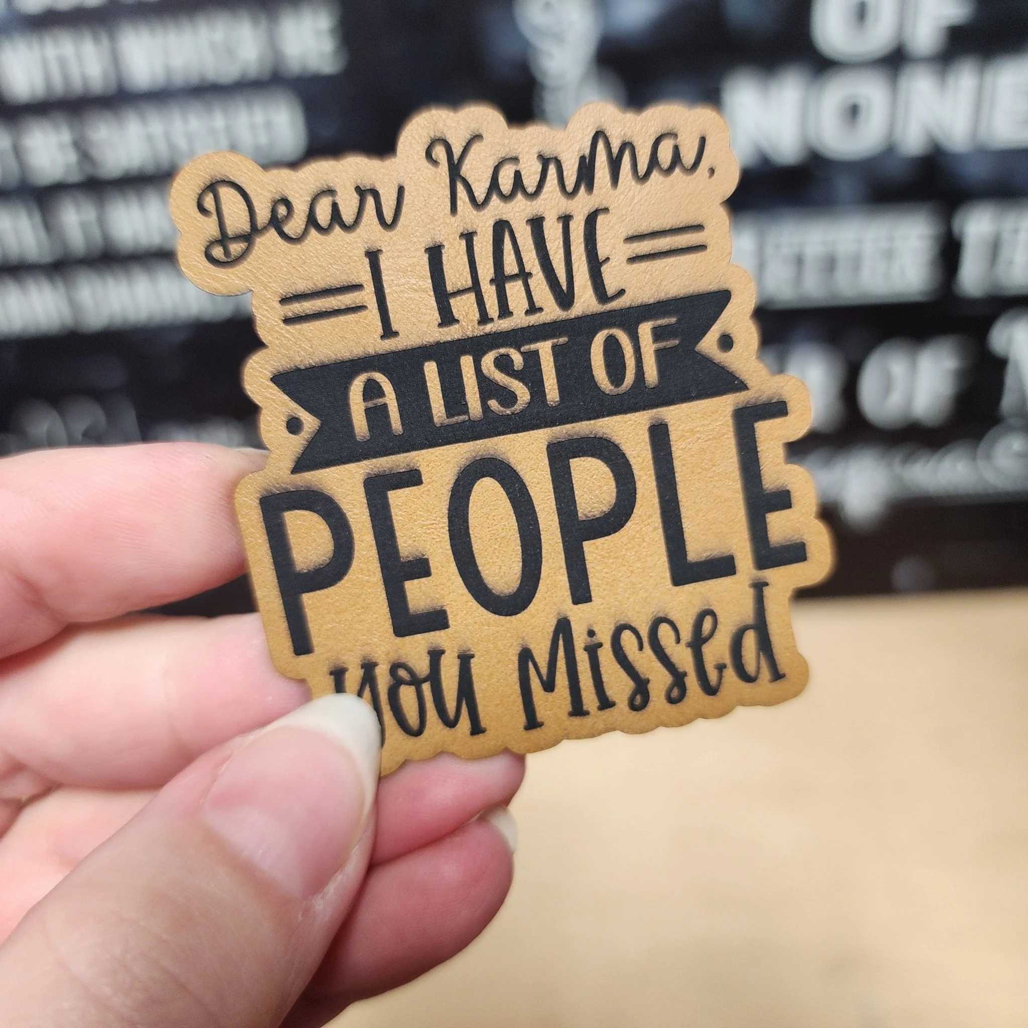 Karma's List of Missed People (Saddle Tan) Engraved Leatherette Hat Patch - MR01