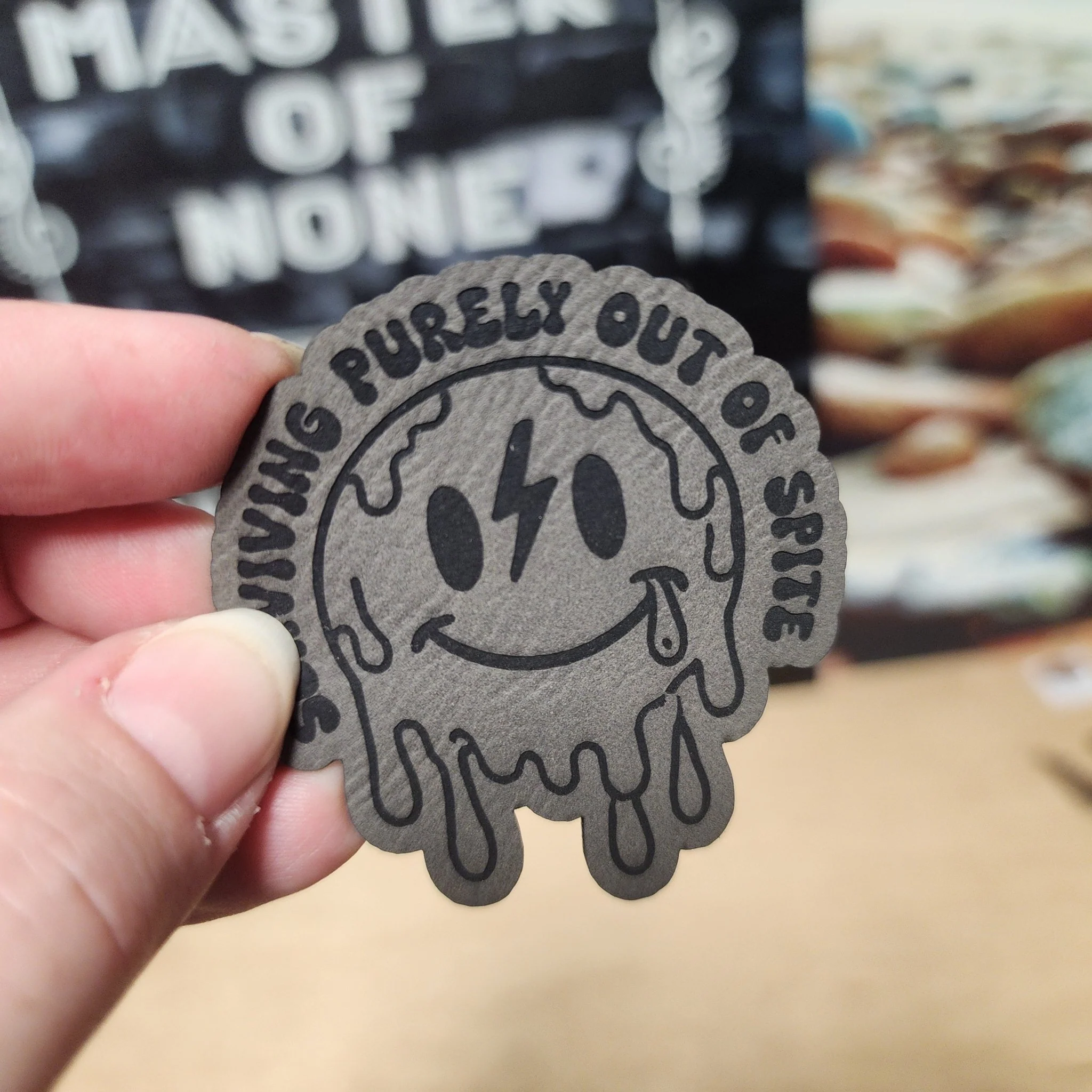 Living Purely Out of Spite (Grey) Engraved Leatherette Hat Patch - MR01