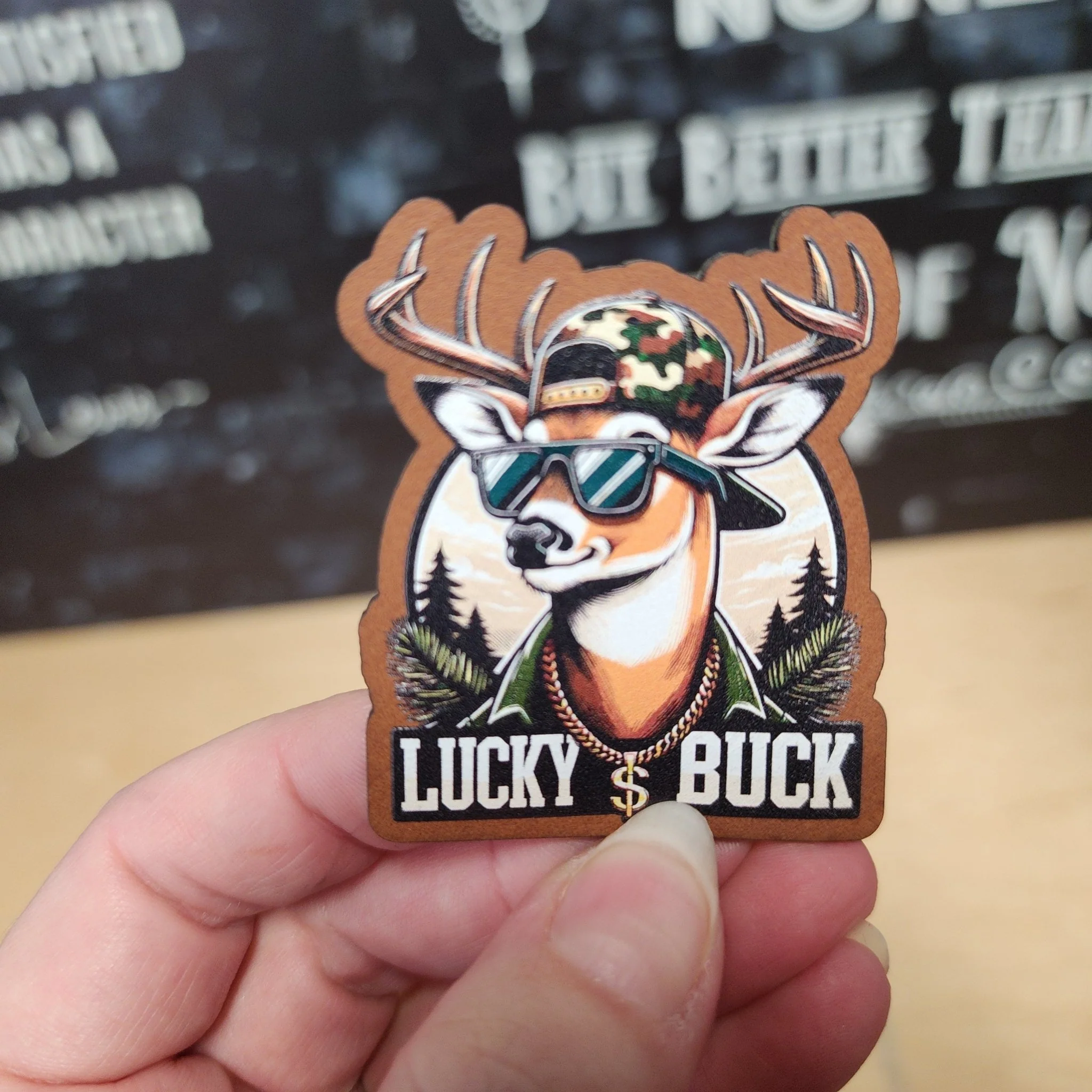 Lucky Buck Deer UV Printed Leatherette Hat Patch - MR01