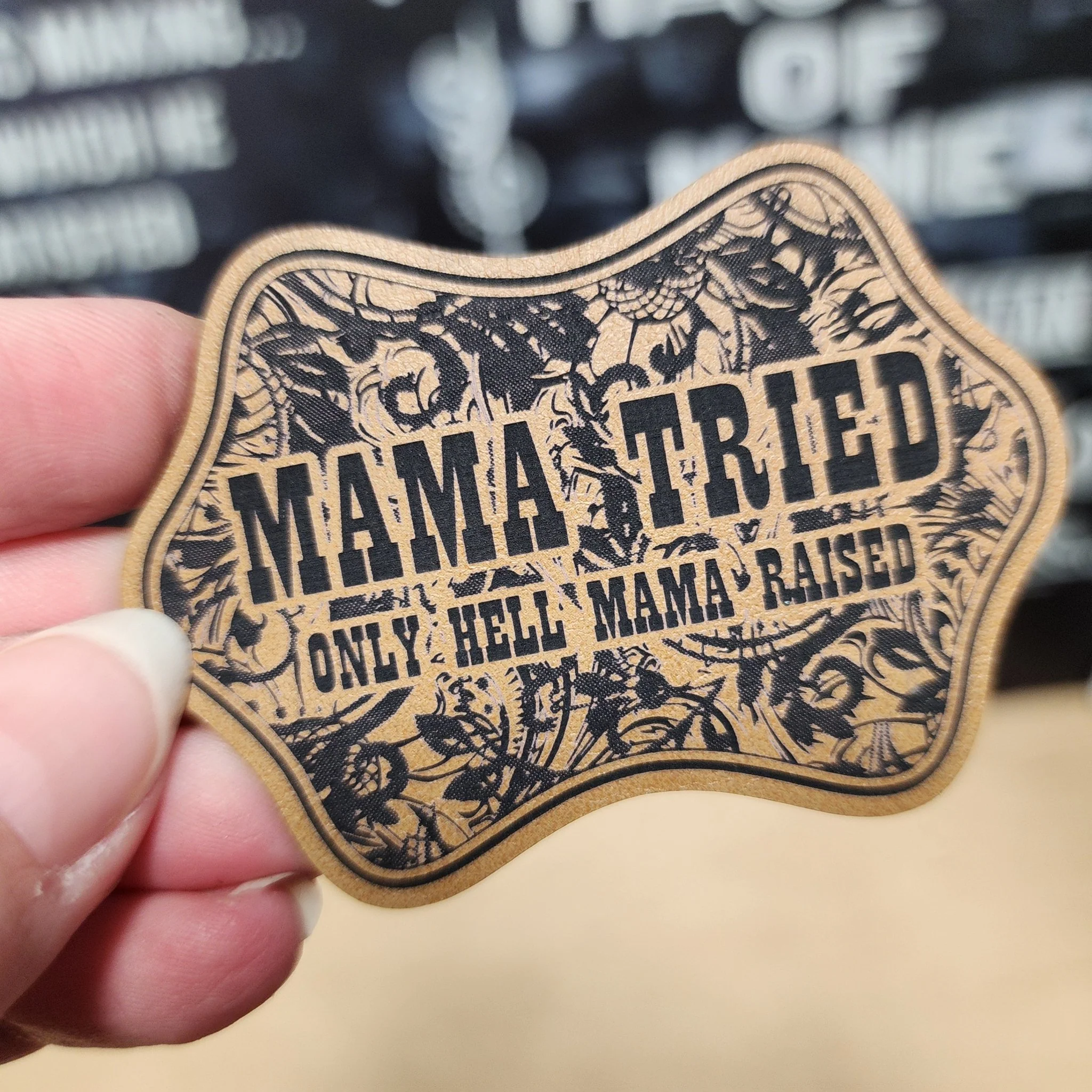 Mama Tried Hell Raised (Saddle Tan) Engraved Leatherette Hat Patch - MR01