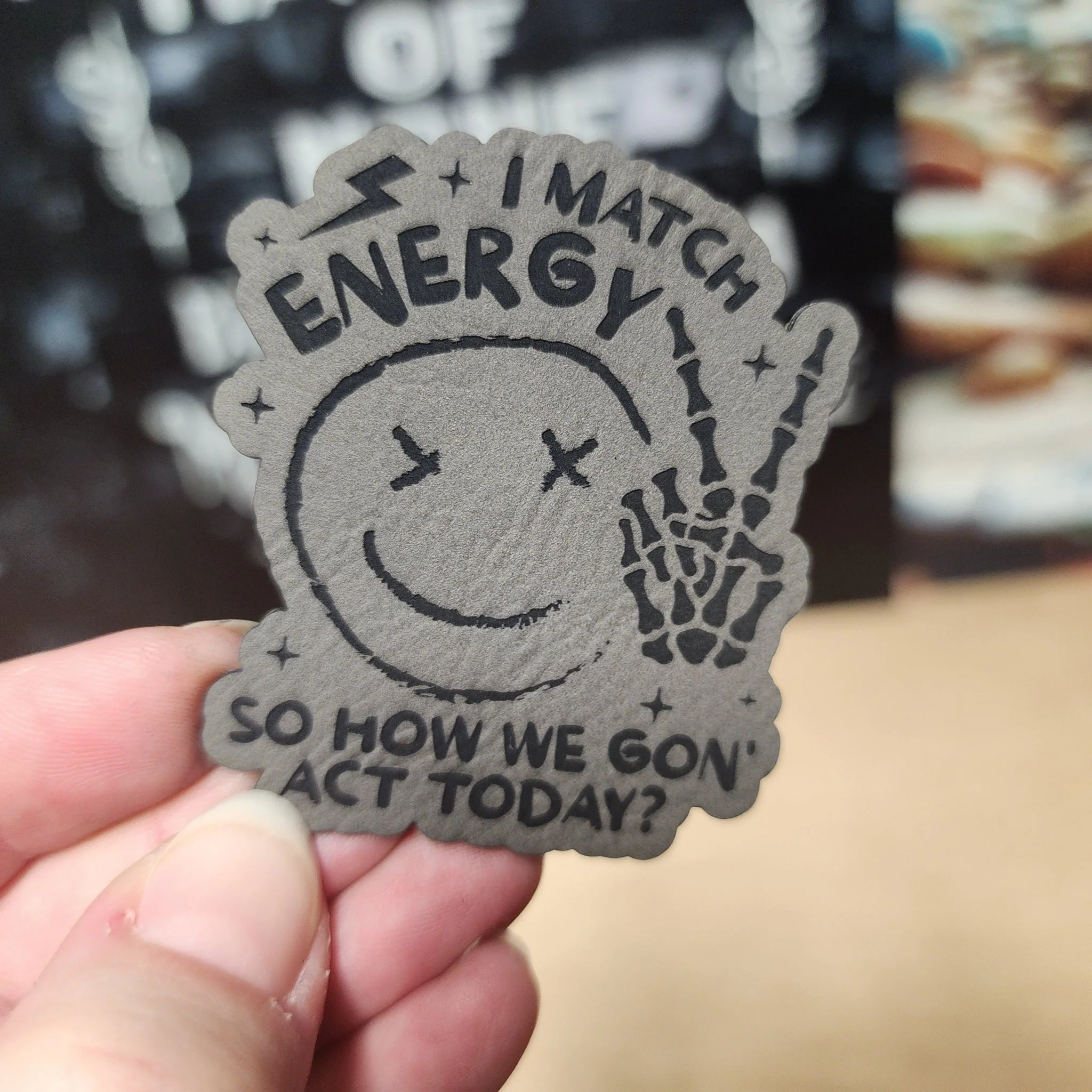 Match Your Energy Today (Grey) Engraved Leatherette Hat Patch - MR01