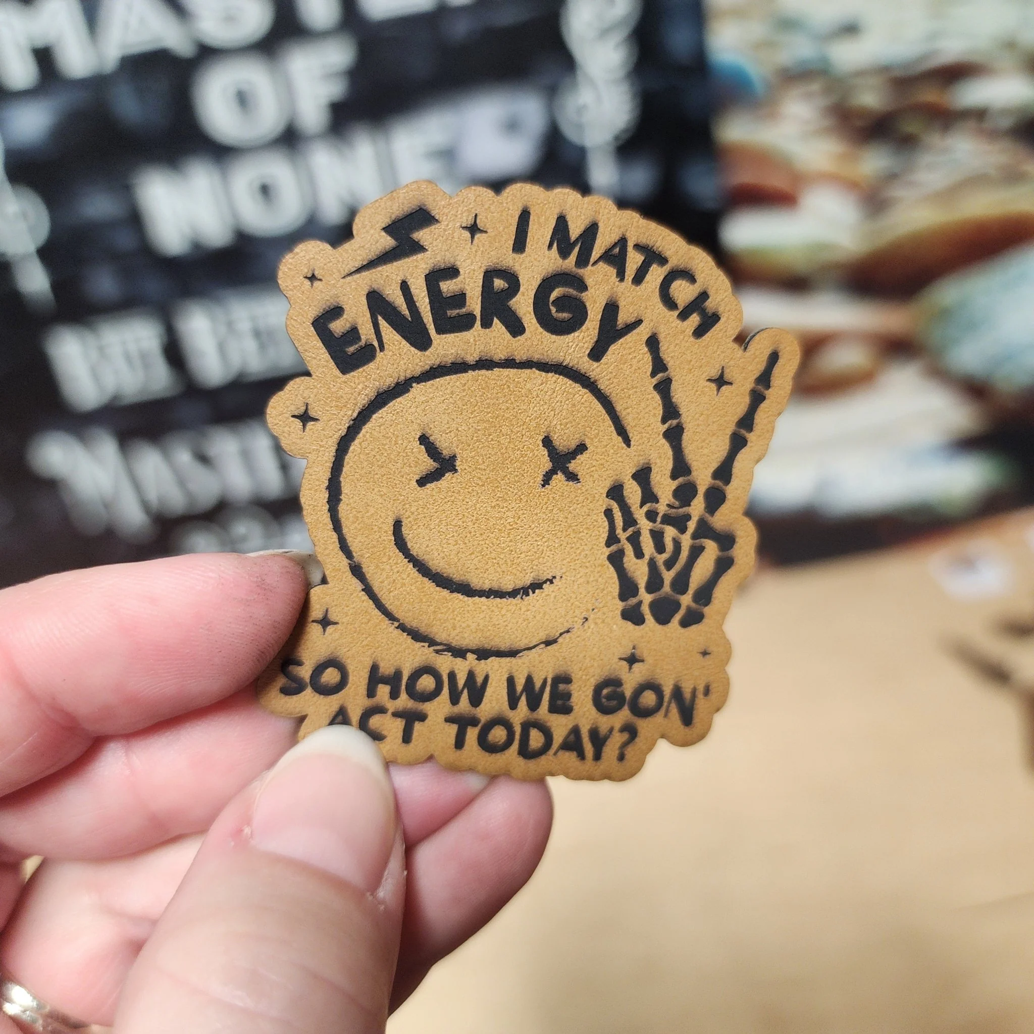 Matching Energy Vibes Today (Saddle Tan) Engraved Leatherette Hat Patch - MR01