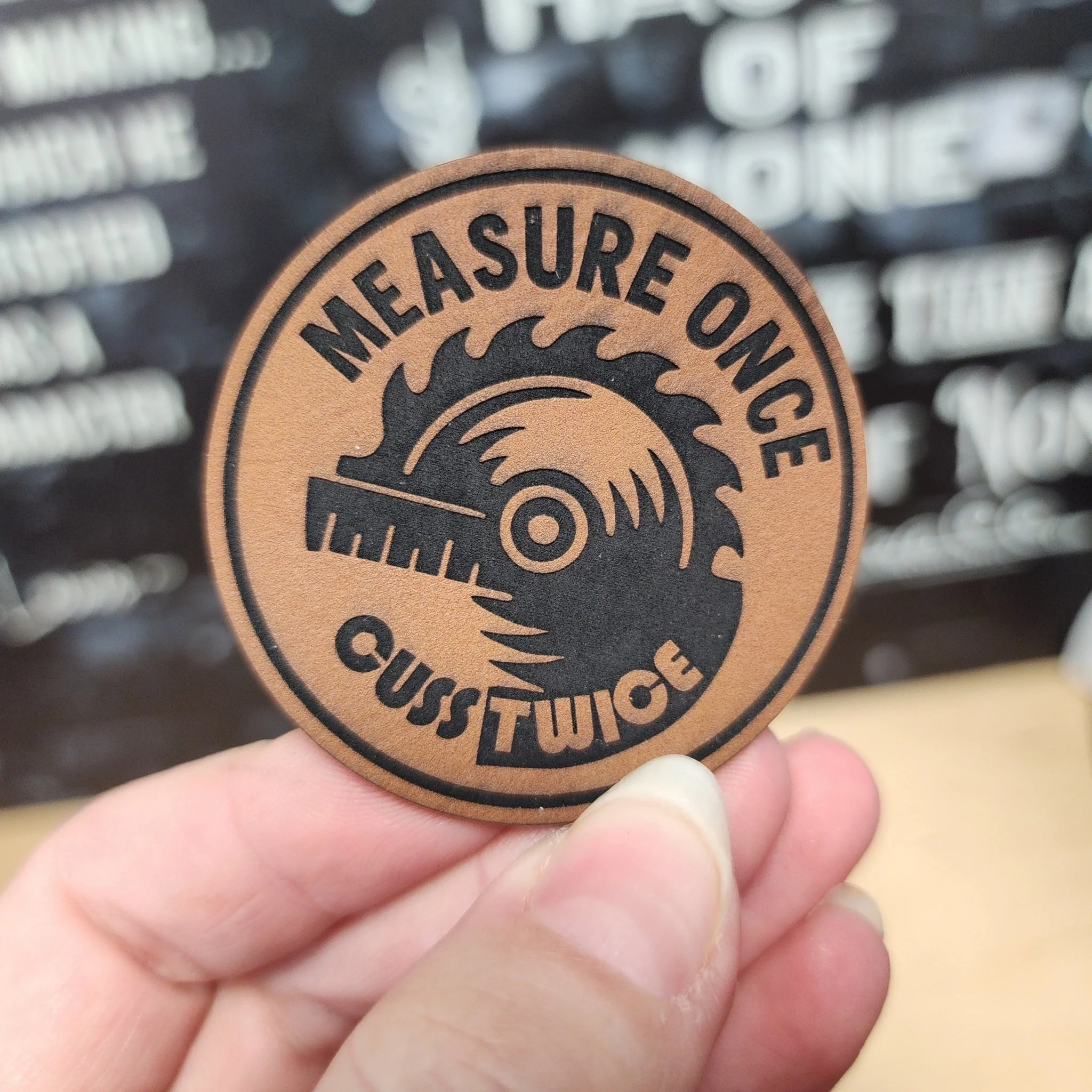Measure Once, Cuss Twice (Rawhide) Engraved Leatherette Hat Patch - MR01