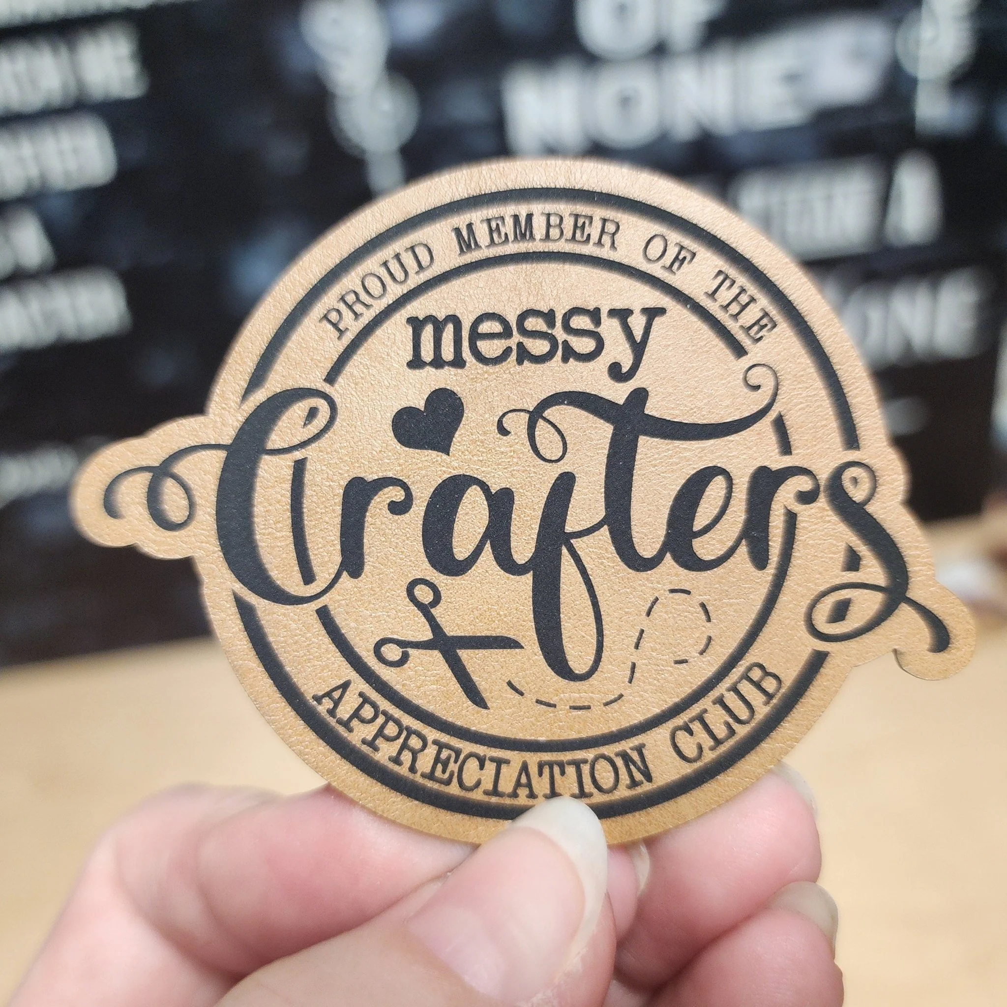 Messy Crafters Club (Saddle Tan) Engraved Leatherette Hat Patch - MR01