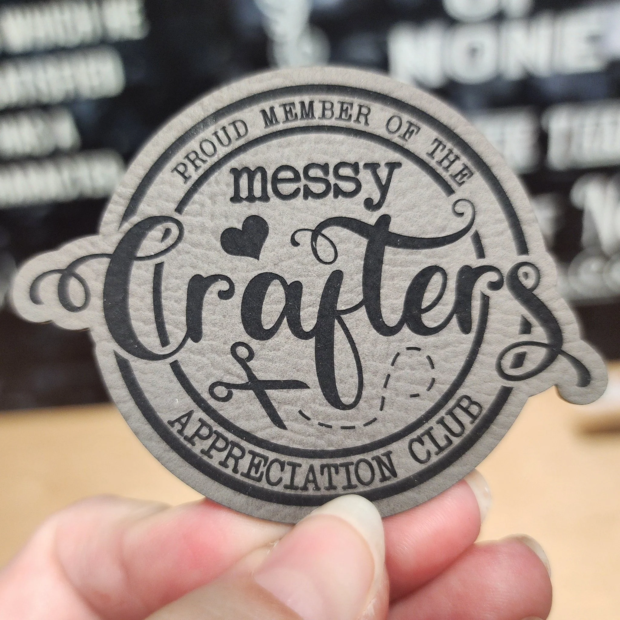 Messy Crafters Unite (Grey) Engraved Leatherette Hat Patch - MR01