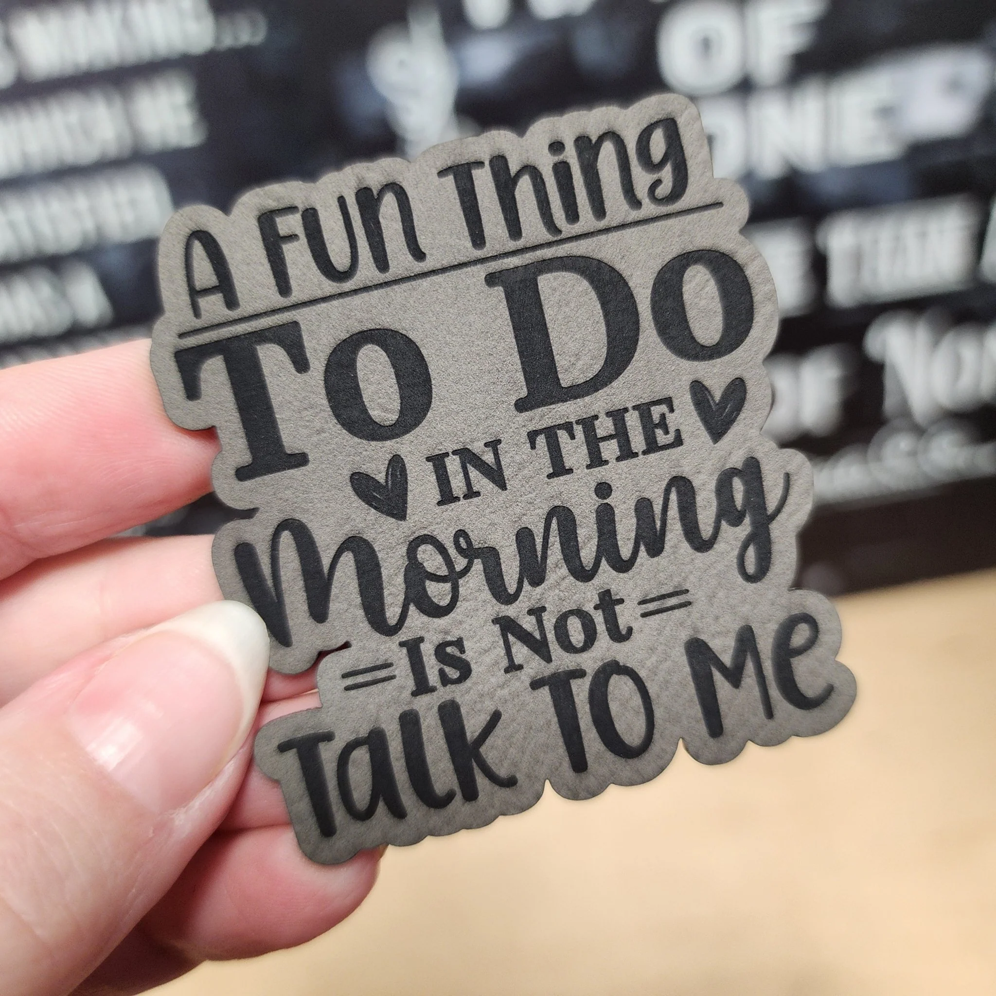 Morning Mood: Not Talkative (Grey) Engraved Leatherette Hat Patch - MR01
