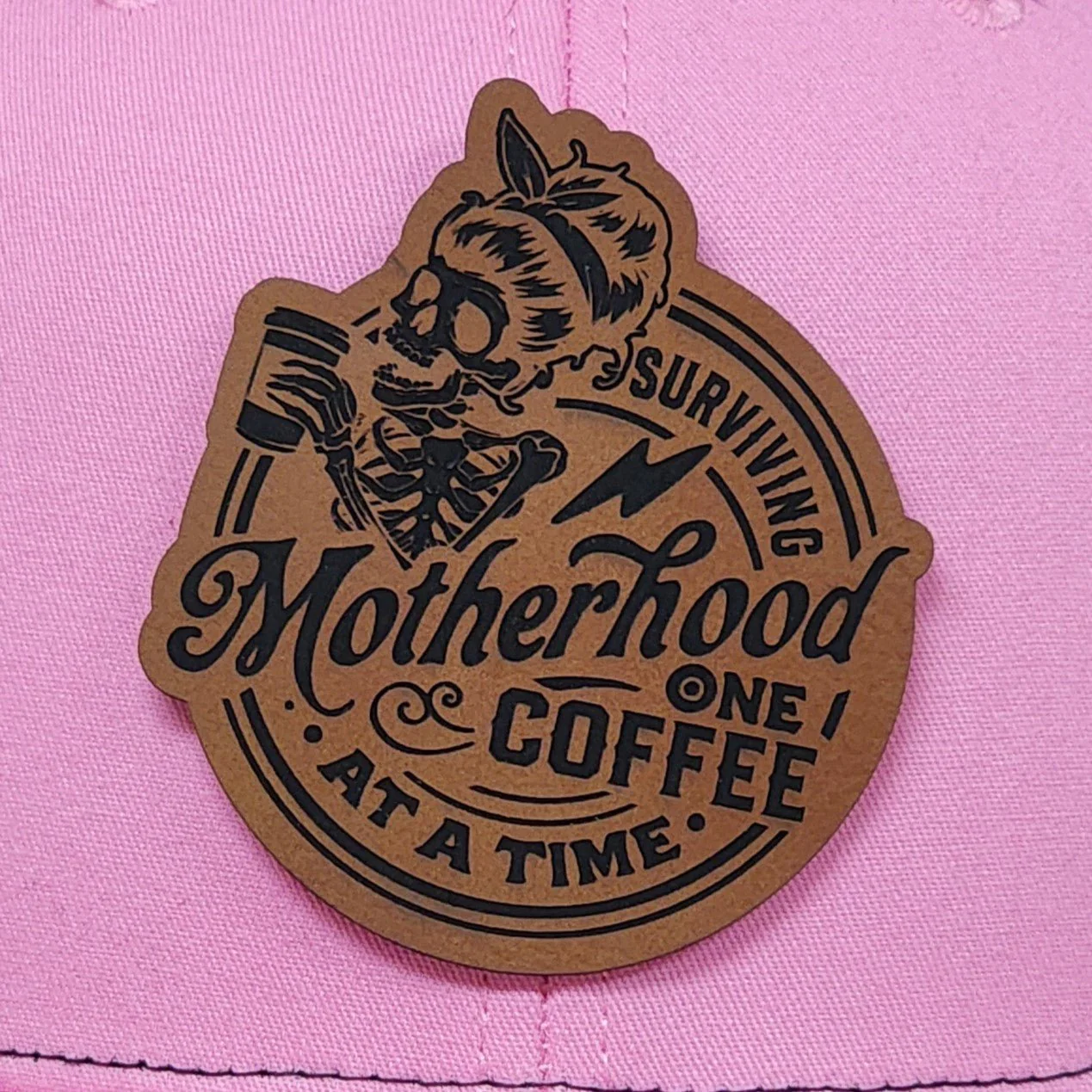 Motherhood Fueled by Coffee Engraved Leatherette Hat Patch - MR01