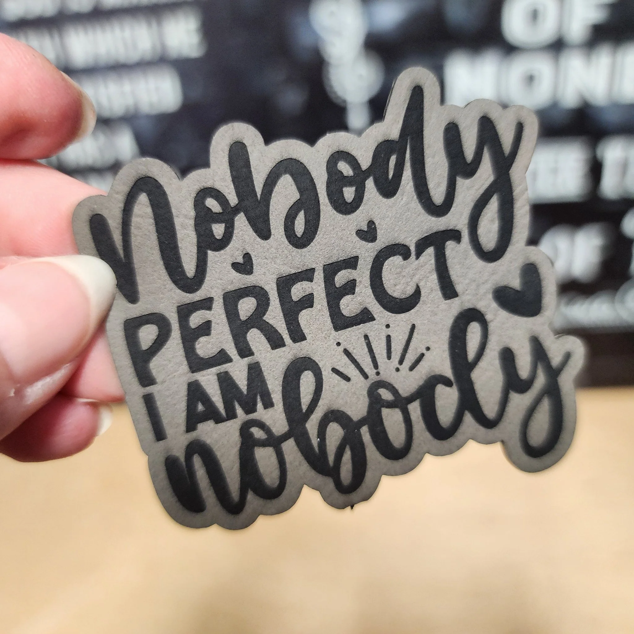 Nobodys Perfect (Grey) Engraved Leatherette Hat Patch - MR01